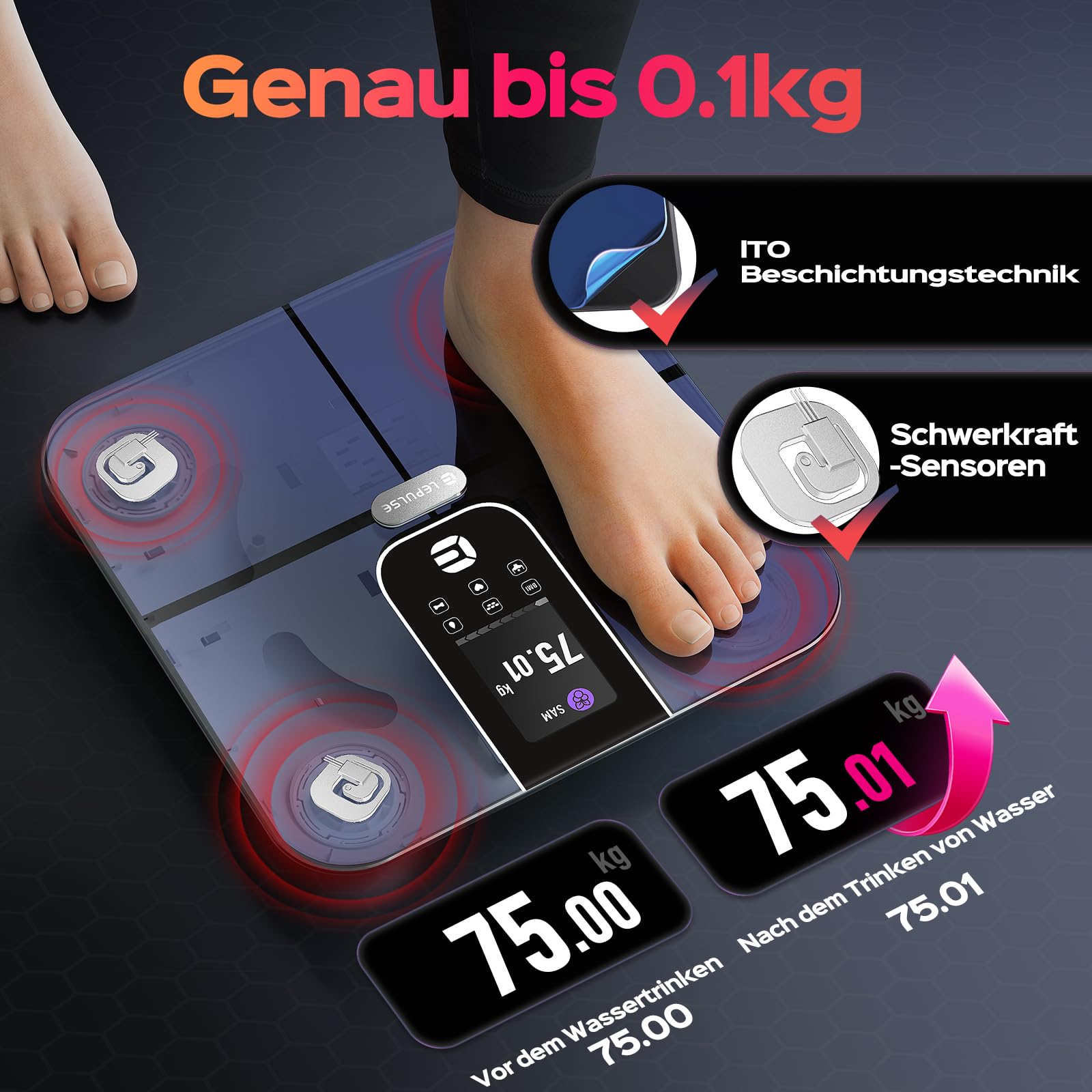 Lepulse Körperfettwaage, digitale Personenwaage mit 3.35'' TFT Display