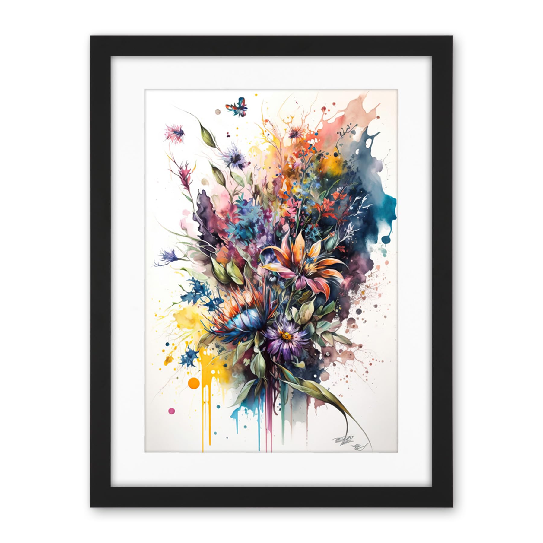 Artery8 Flower Bouquet Illustration over Watercolour Splat Artwork Framed Wall Art Print 18X24 Inch