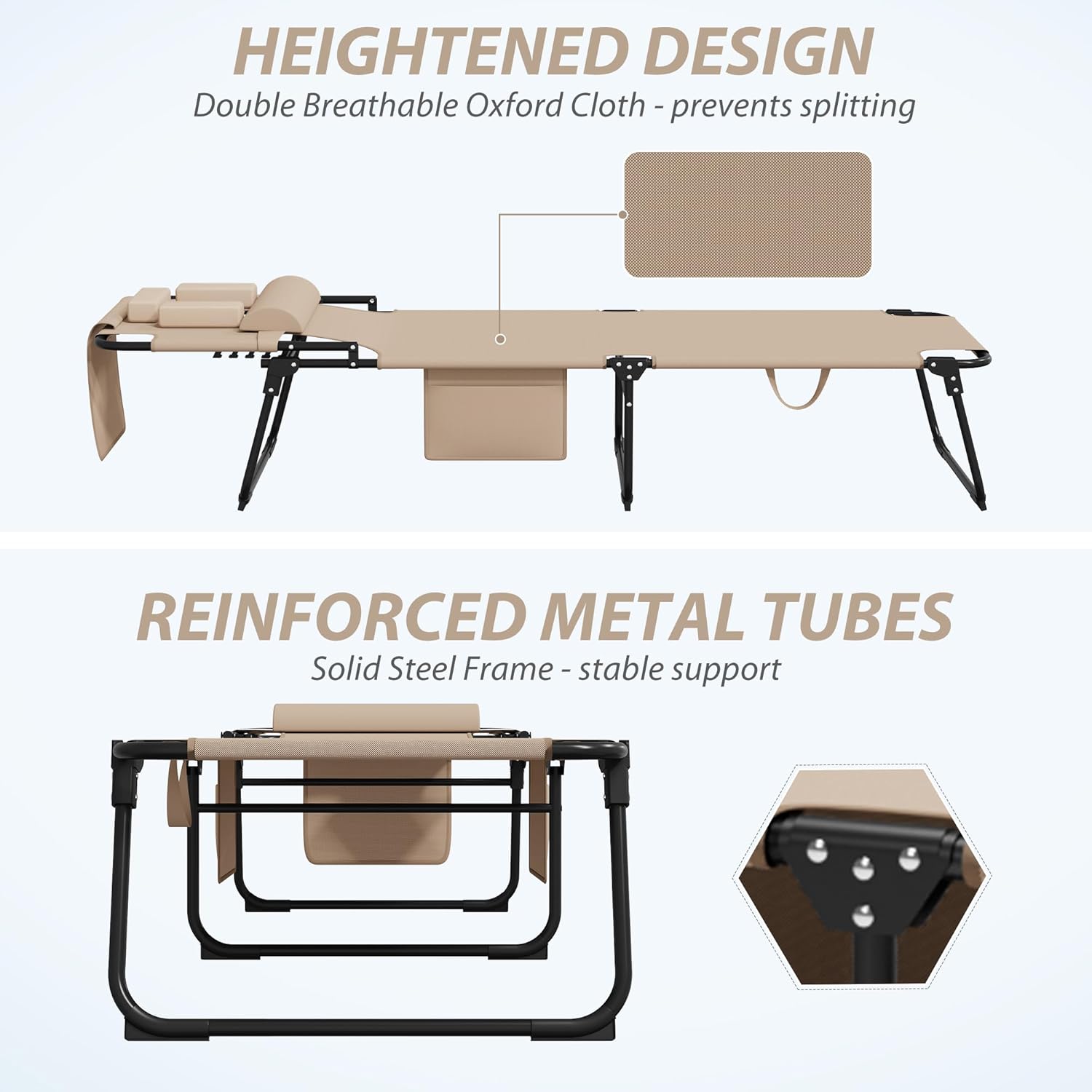 400lbs Tanning Chair, 5-Fold Beach Lounge Chair with Face Hole & 2 Side Pockets, Non-Slip Foot & Portable Handle, Beach Chaise Lounge for Patio/Pool/Lawn(1, Beige)