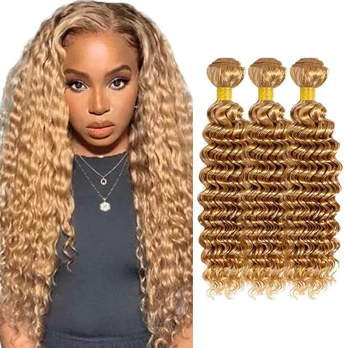#27 Honey Blonde Deep Wave Bundles Human Hair 3 Bundles,24 26 28 inch 300g