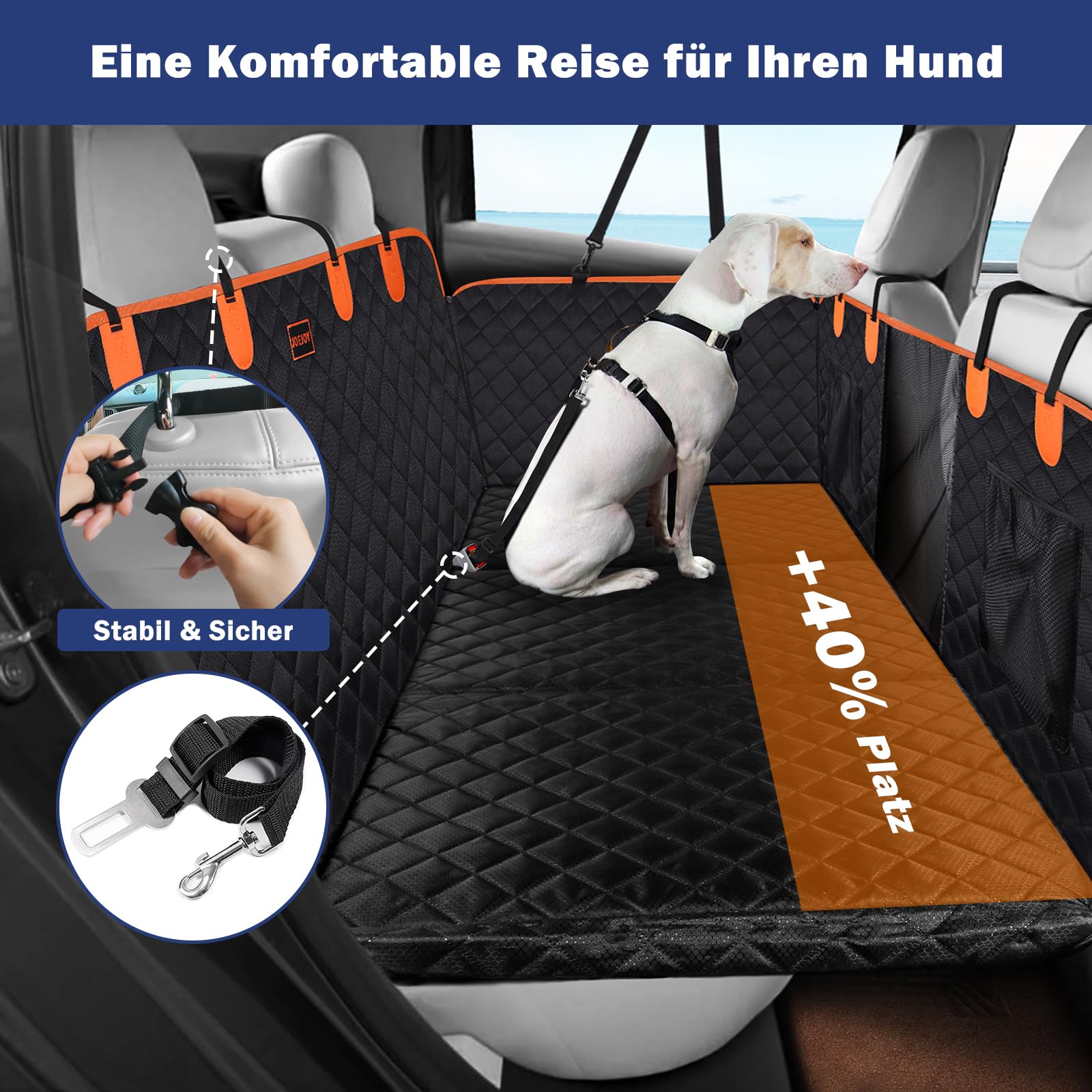 JOEJOY Hundedecke Auto Rückbank, Hunde Autositz Rückbank Verbreitert, Autoschondecke Hund Rücksitz mit Harter Unterseite, Hundesitzbezug Wasserdicht Kratzfest mit Sicherheitsgurt