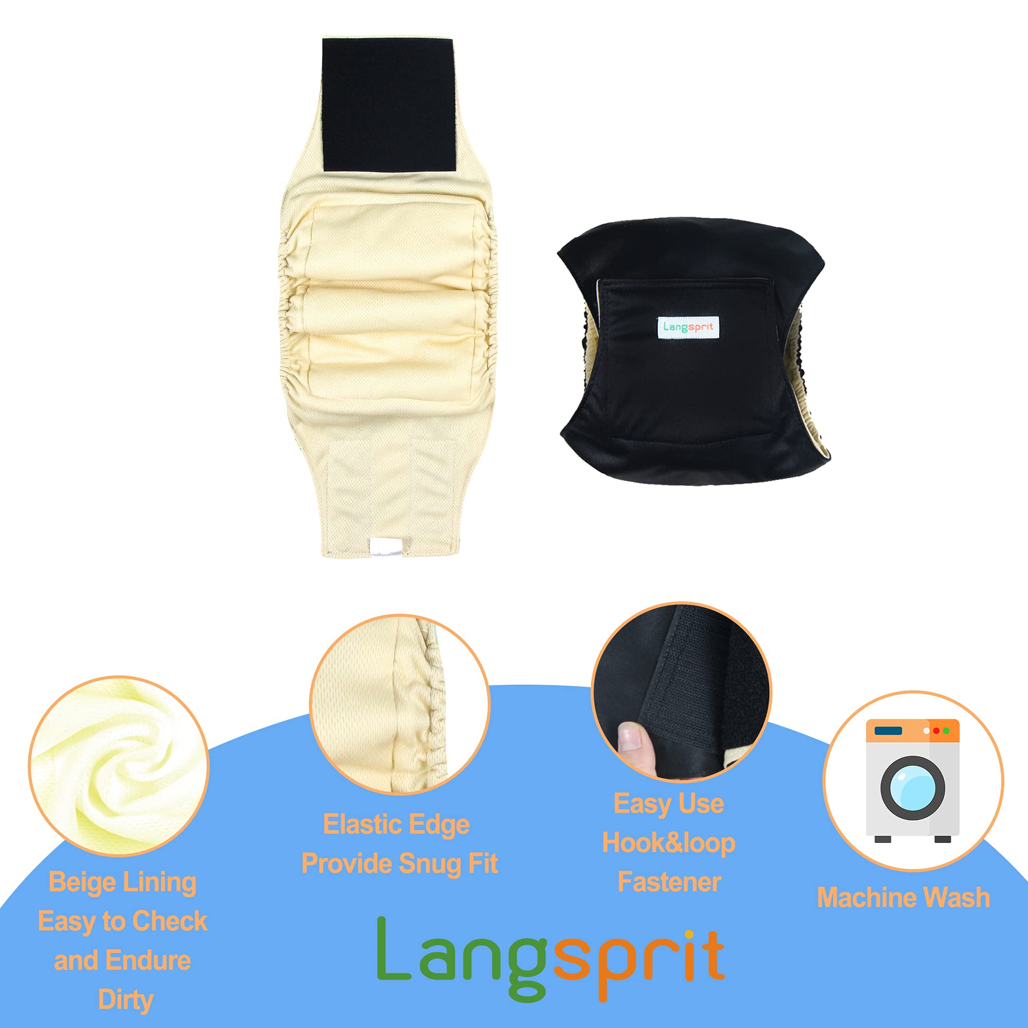 Langsprit Fascia addominale per cani (confezione da 3), assorbenti, lavabili, riutilizzabili, pannolini per cani maschi (nero, S)