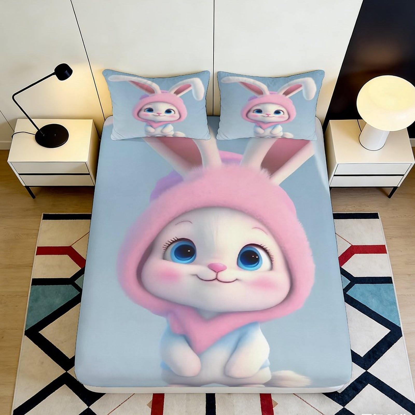 3D Printed Cute Bunny Fitted Sheet Microfiber Soft Breathable Cartoon Rabbit Bed Sheet for Bedroom Dormitory Guest Room Mattress Protection Decor 180x200x25cm