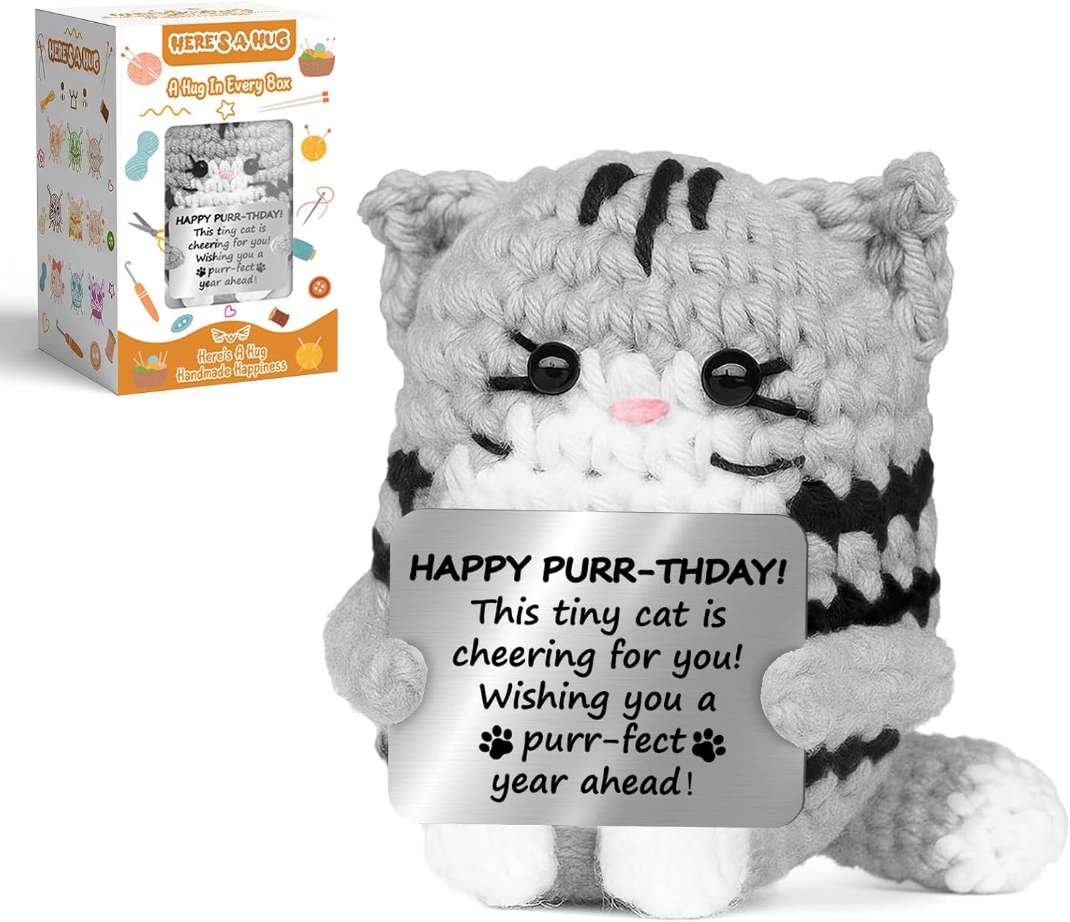 Happy Purr-thday - Happy Birthday Gifts for Women, Men, Mom, Dad, Friend, Unique Crochet Cat Gift Card - Cute Easter Basket Stuffers for Daughter, Son