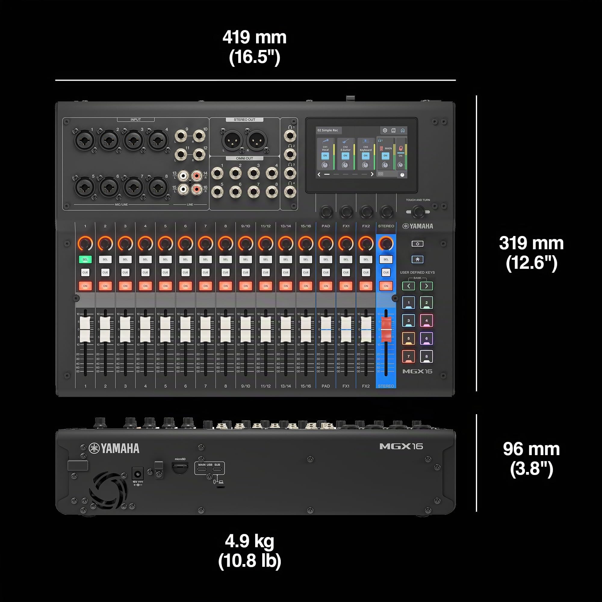YAMAHA MGX16 Console di Mixaggio Digitale con LCD Touch, Bluetooth, Nero | Mixer Versatile con Doppia USB, microSD e Connettività I/O Estesa