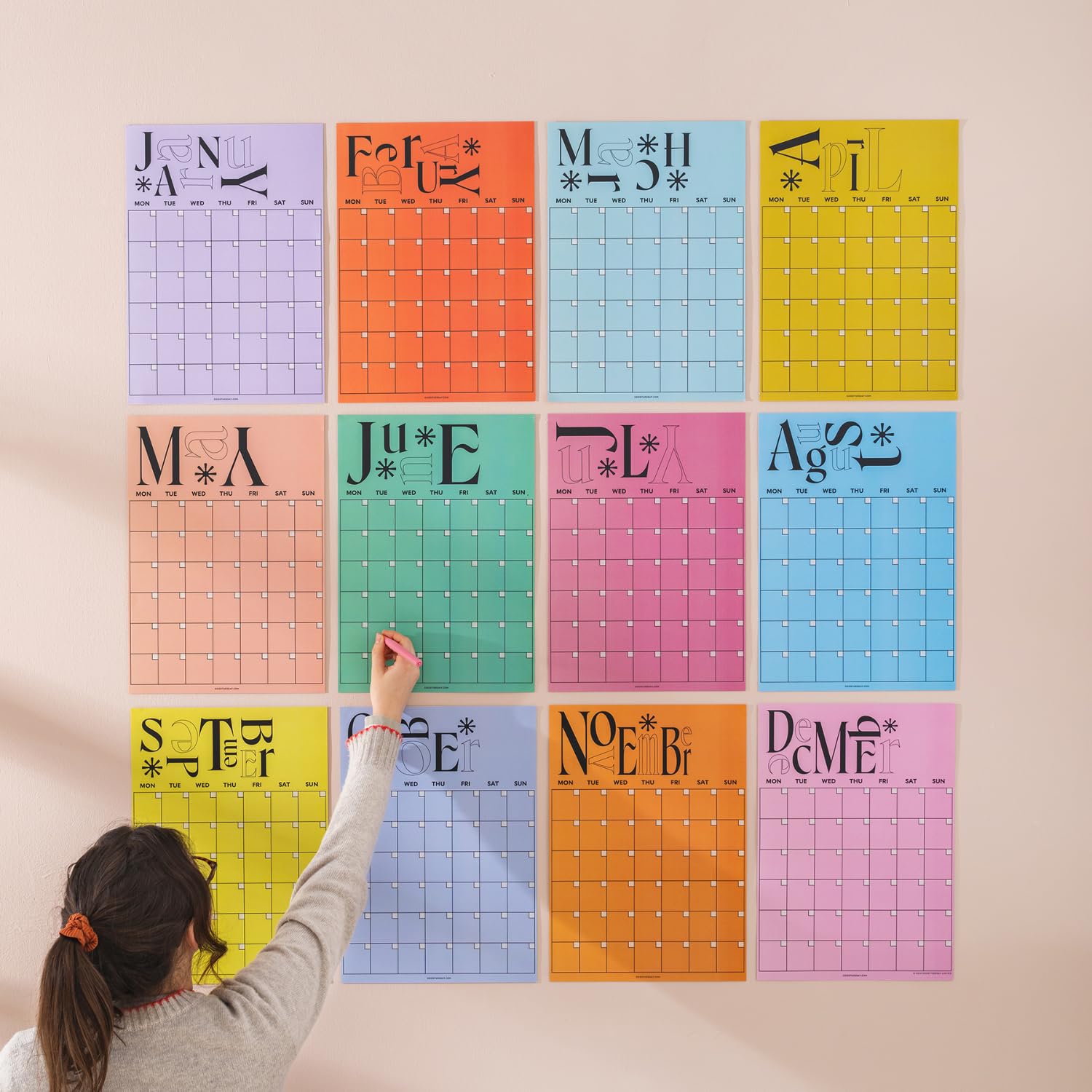 Good Tuesday - A3 Monthly Undated Wall Planner Sheets x 12 - Colourful & Playful - 12 x A3 Separate Prints, For Students and Offices - 100% Recycled Uncoated Matte Paper - Made in the UK