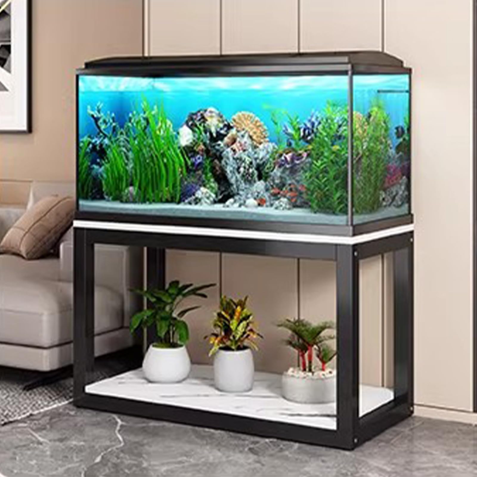 Support d'aquarium robuste en fer forgé noir de 100x50 cm à double couche