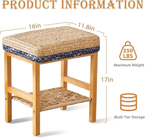 Miniatura 2 de Cpintltr Puf otomano tejido a mano de hierba marina azul, 16 x 13 x 17.5 pulgadas