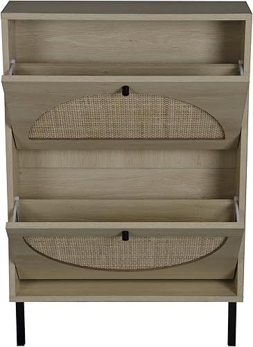 Miniatura 5 de Zapatero de ratán con 2 cajones abatibles, zapatero de 2 niveles, organizador de almacenamiento de zapatos de madera natural bohemio para entrada,