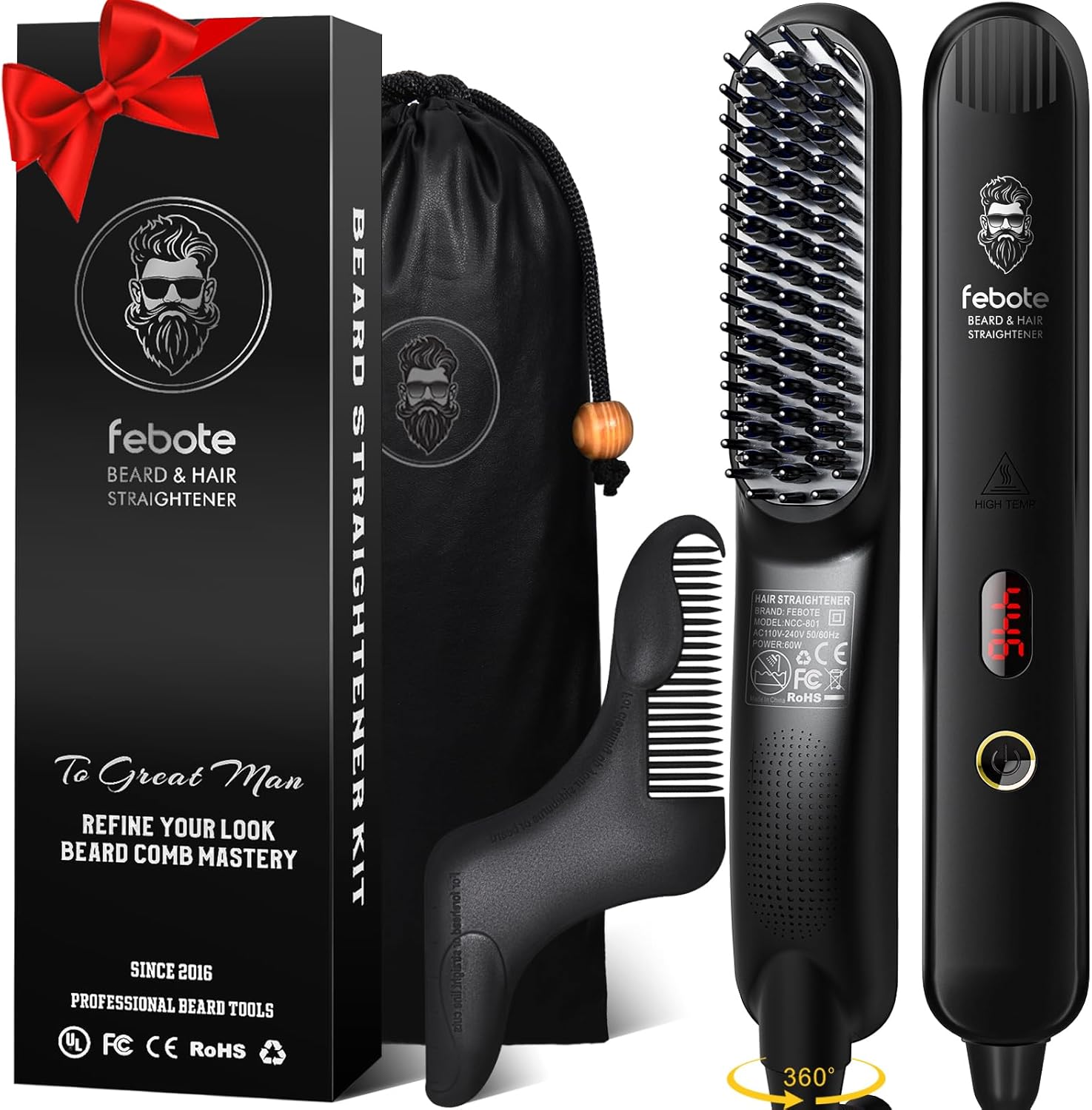 Heated Ionic Hair Straightening Brush for Men – 5 Temperature Settings, Anti-Scald, Beard Shaper & Travel Bag