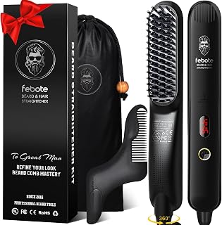 Heated Ionic Beard Straightening Brush for Men - 5 Temp Settings, Anti-Scald, Fast 30s Heat, Travel Bag