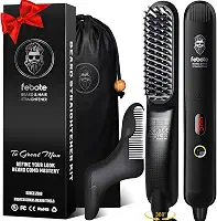 Heated Ionic Hair Straightening Brush for Men - 5 Temperature Settings, Anti-Scald, Beard Shaper & Travel Bag