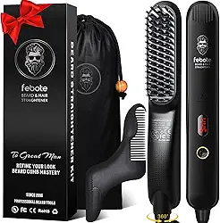 Heated Ionic Hair Straightening Brush for Men - 5 Temperature Settings, Anti-Scald, Beard Shaper & Travel Bag