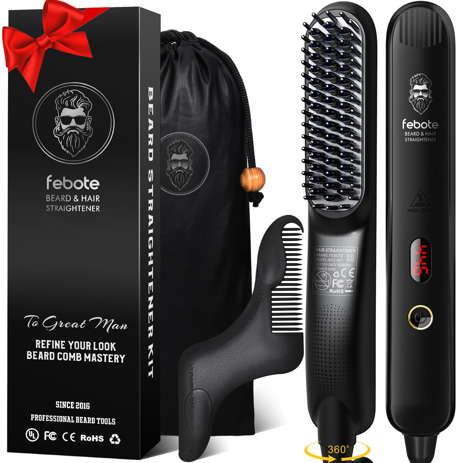 Beard Straightener Brush for Men, Heated Beard Straightening Comb with LCD, 5 Temperature Settings, Anti-scald, Ionic Hair Straightener Beard Kit, Mens Grooming Gifts, Beard Shaper & Travel Bag