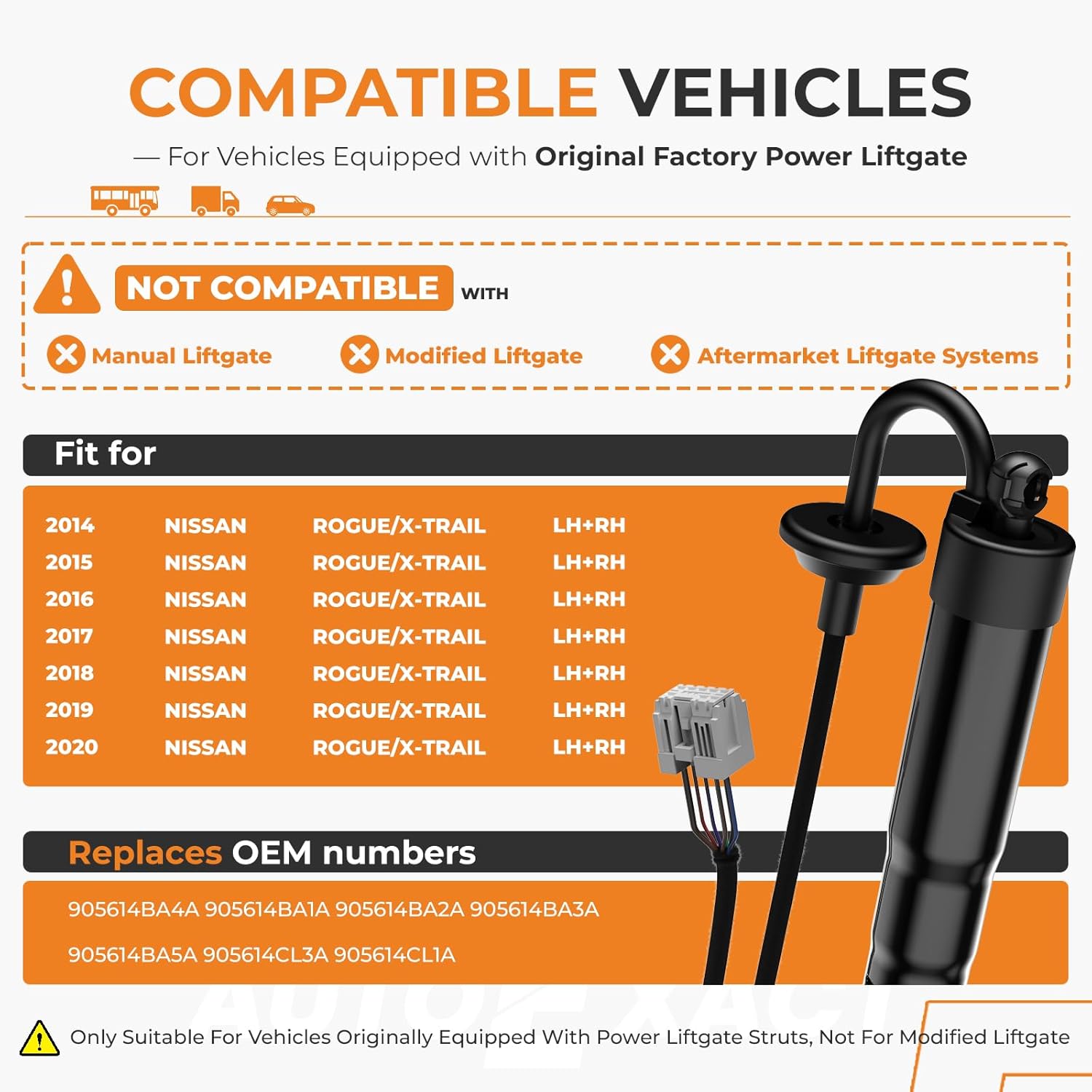 Autoexact Power Liftgate Struts Fit for 2014-2020 Nissan Rogue, Electric Tailgate Lift Support, Rear Hatch Trunk Struts Shock, Aircraft-Grade Aluminum, Replaces 905614BA4A 905614BA3A 905614BA1A, 1Pair For NISSAN ROGUE 2014-2020
