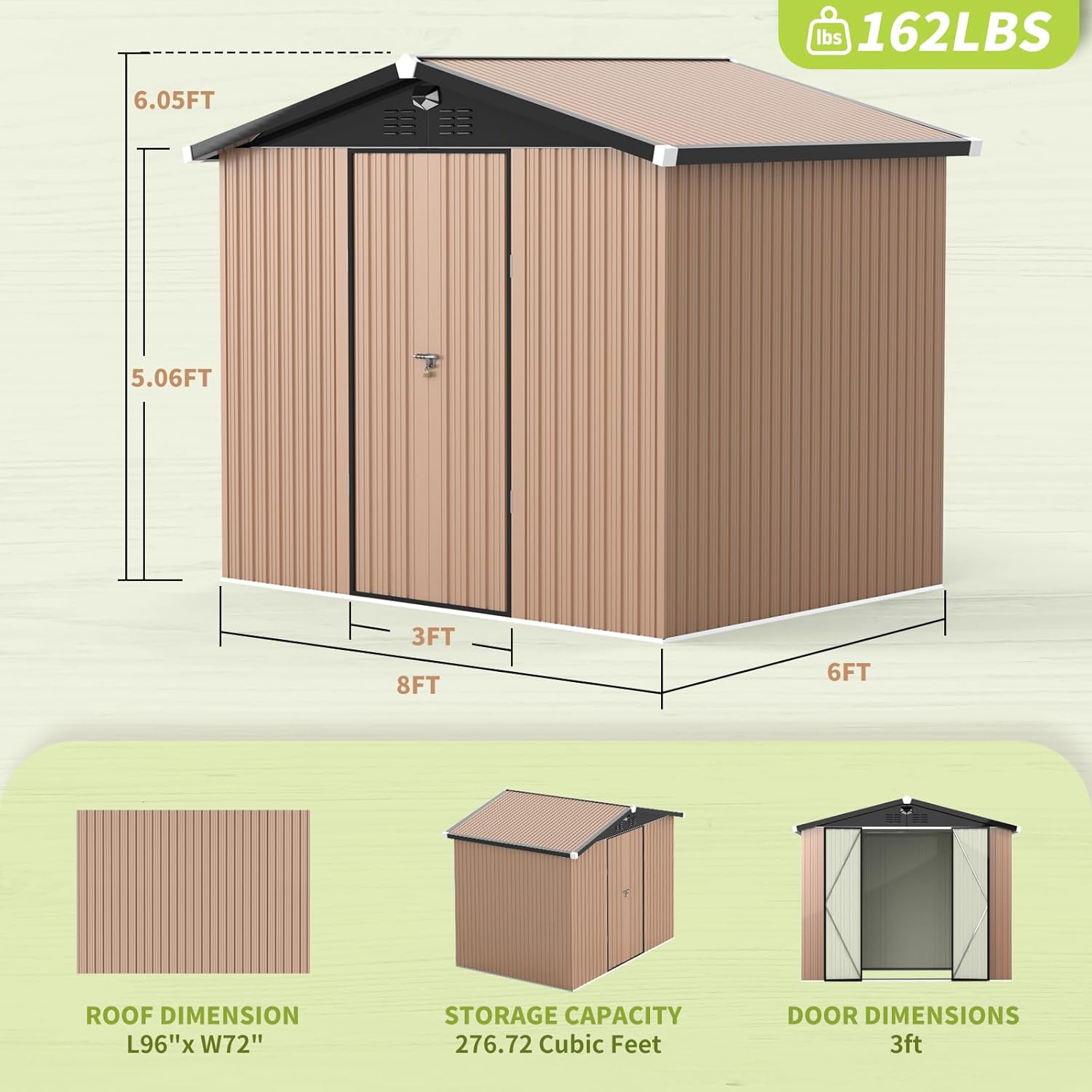 Diagram showing the dimensions of the 8x6 shed, including roof dimension, storage capacity (276.72 cubic feet), and door dimensions (3ft).