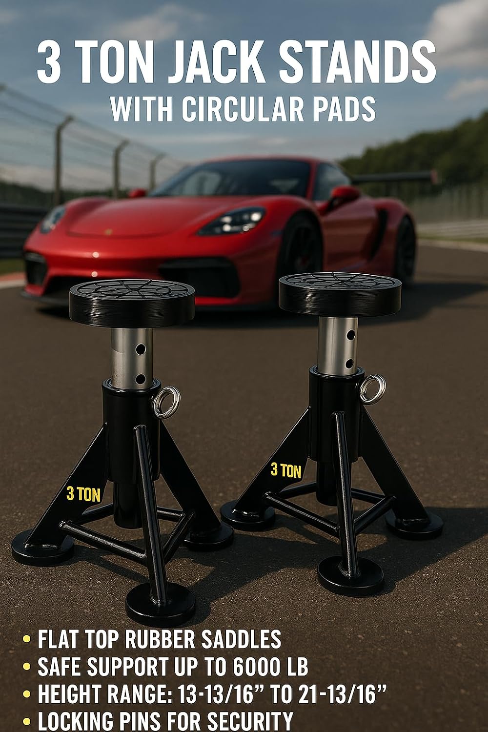 3-Ton Flat-Top Jack Stands, Circular Rubber Pads, 13-13/16–21-13/16 in Lift Range, ASME-PASE, Set of 2 – Compatible with Daytona Systems with Strong Grip Scratch Protection up to 6,000 lb (Black)