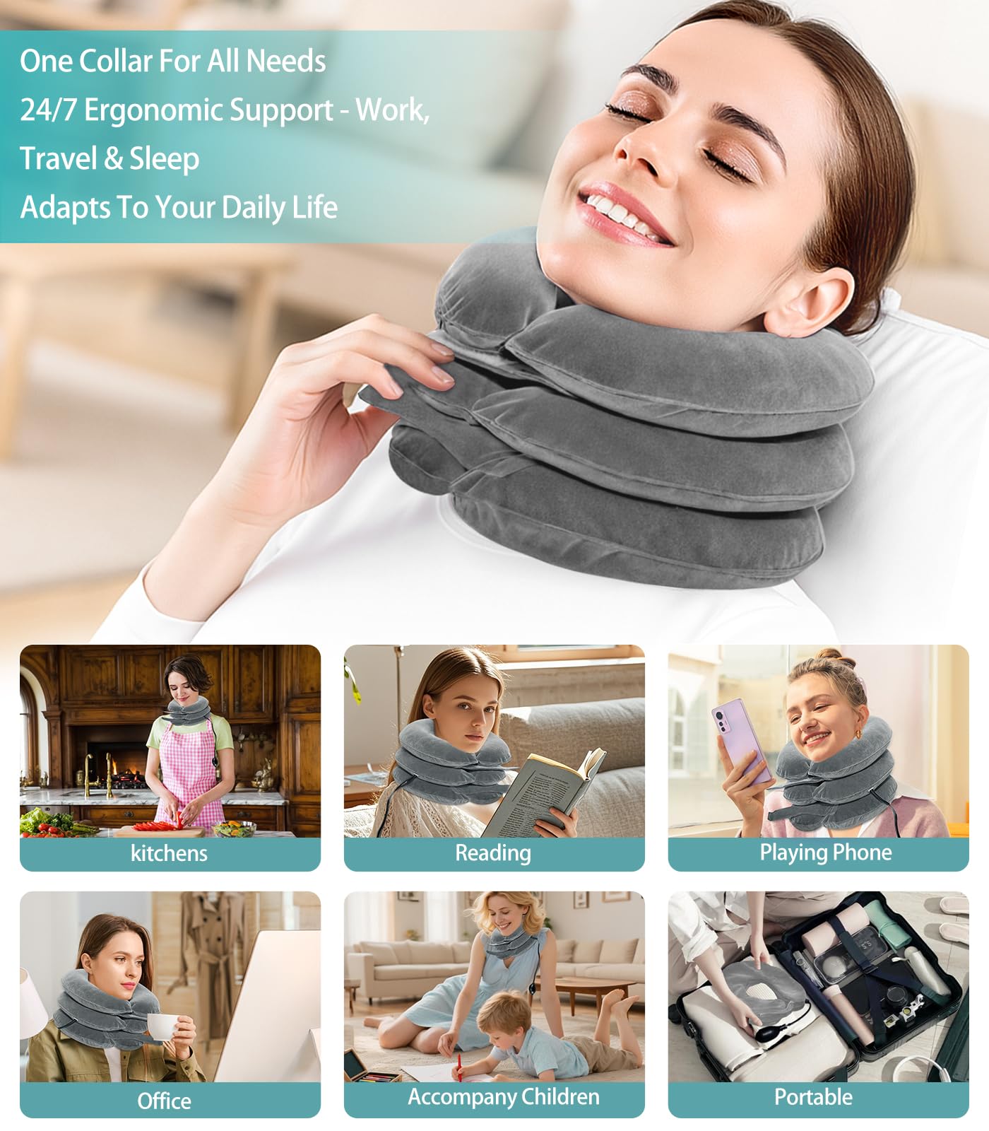 Coussin Cervical Gonflable - Extenseur de Cou réglable pour soulager la Douleur - Coussin de Nuque Ergonomique Portable avec Pompe à air - pour la Maison et Les Voyages - Gris