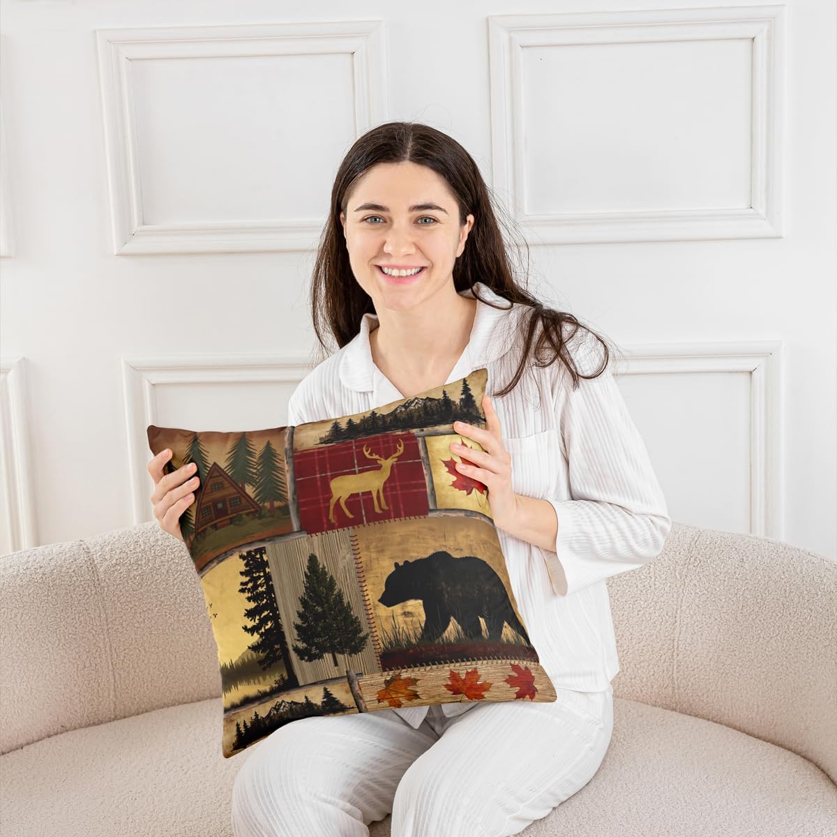 Bear Throw Pillow Covers 18x18 Inch Pack of 4, Rustic Deer Pillow Covers for Bed Sofa Couch, Farmhouse Wild Animals Cushion Covers, Maple Leaves Patchwork Decorative Accent Pillow Cases Cabin Decor