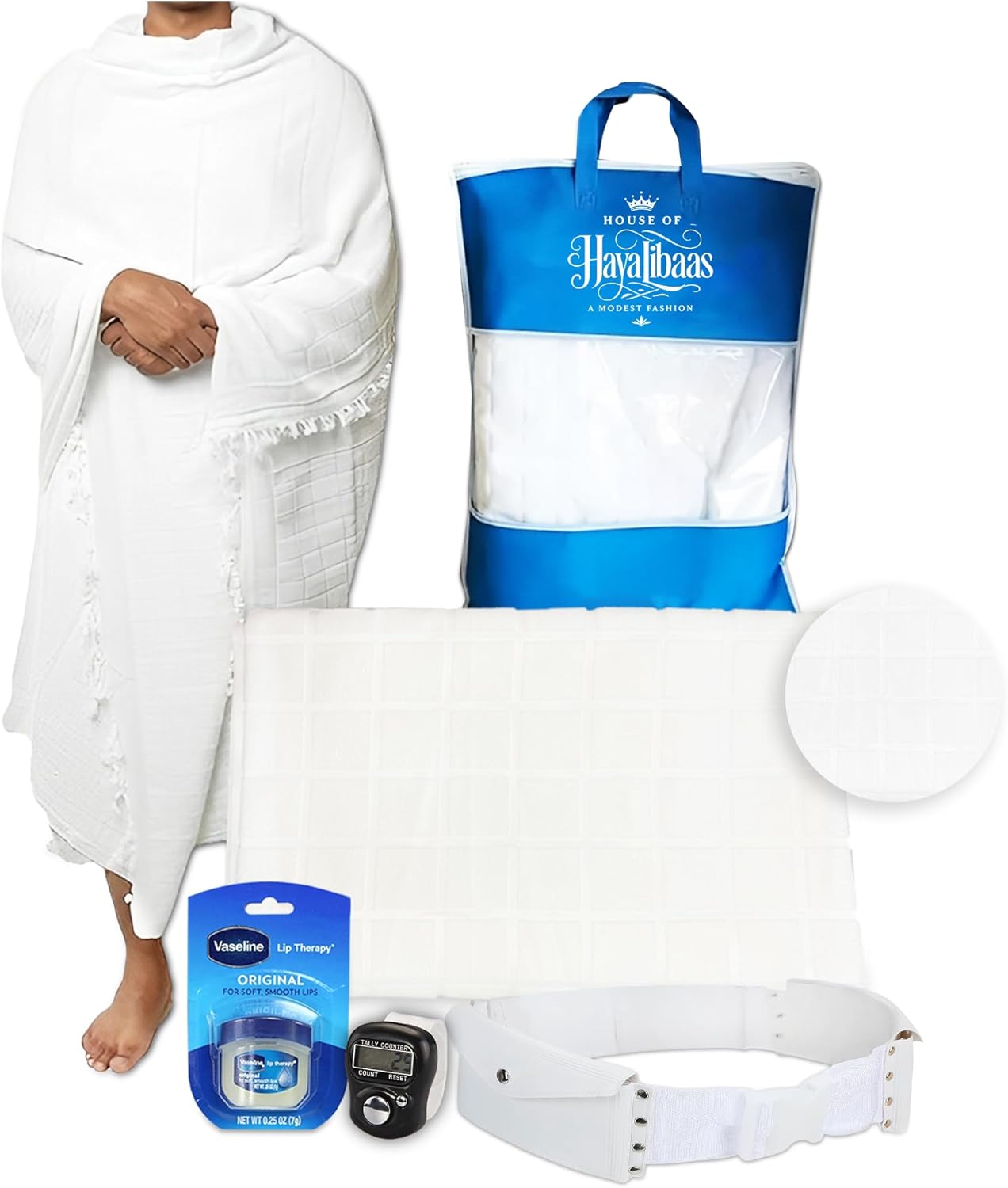 Islamic Men’s Hypoallergenic Premium Microfiber Ihram Towel Set for Hajj and Umrah – 2PCS Soft, Absorbent, Breathable Ahram/Ehram Towels – Adjustable Ihram Belt, Tasbih Counter, Vaseline – 110x220cm