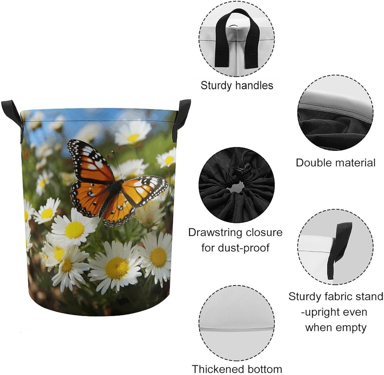 Butterfly on Daisy Flower Laundry Basket Collapsible Clothes Hamper with Reinforced Handles Large Capacity Waterproof Laundry Bag Freestanding Laundry Hamper for Bedroom Bathroom
