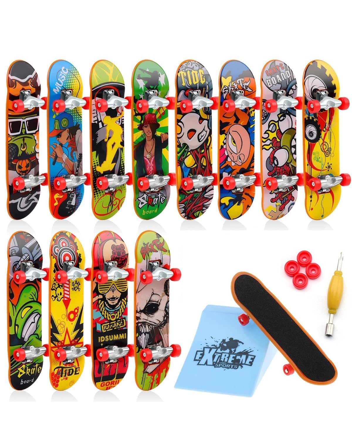 Plexaris 6Pcs Fingerboard, Finger Skateboard, Fun Mini Skateboard Set with A Finger Skateboard Ramp Screwdriver Individual Wheels, Finger Board Skate Board Kit Mini Toys Gift , Kid, Assorted