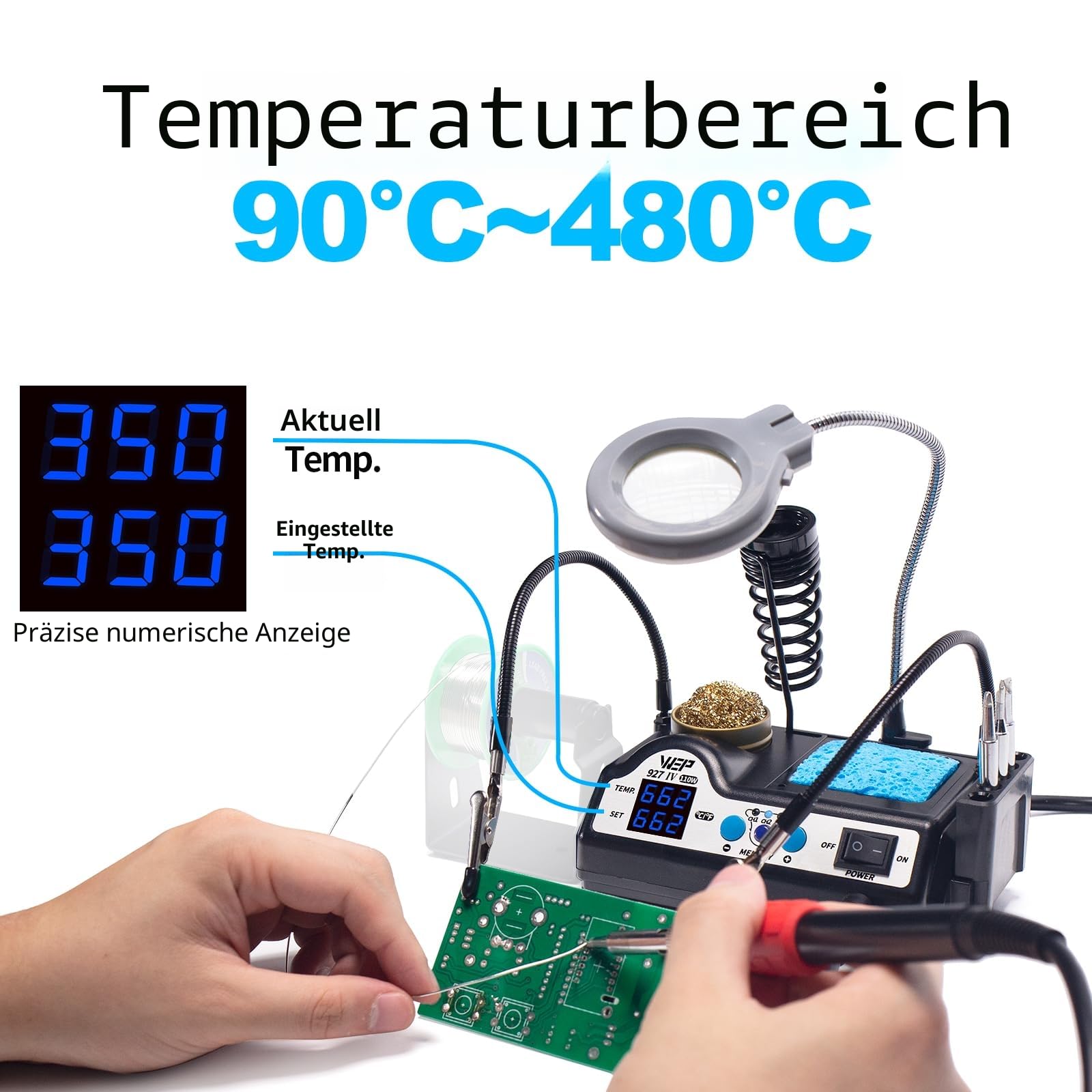 WEP 927-IV V1 lötkolben Set 110W, 3 voreingestellten Kanälen, Schlafmodus, LED-Vergrößerungsglas, 5 zusätzlichen Lötspitzen, Spitzenreiniger, 2 Helferhände, bleifreies Lötzinn, Pinzette (EU Stecker)