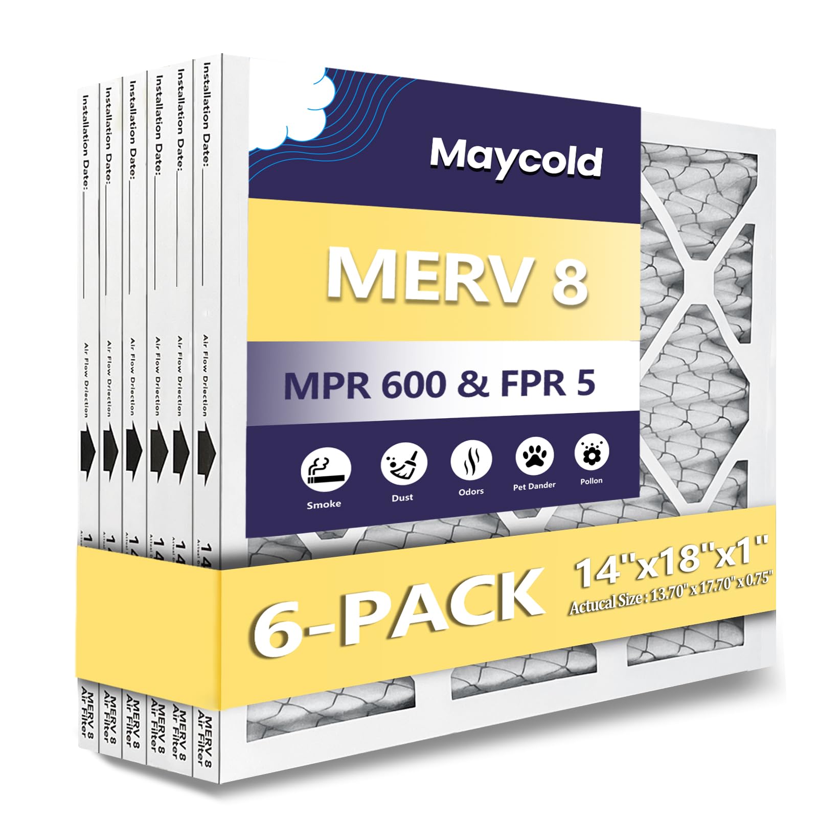 maycold merv 11 14x18x1 furnace air filters (6-pack), pleated hvac ac filters – actual size: 13.70” x 17.70” x 0.75”, for residential or office use, individually wrapped in plastic