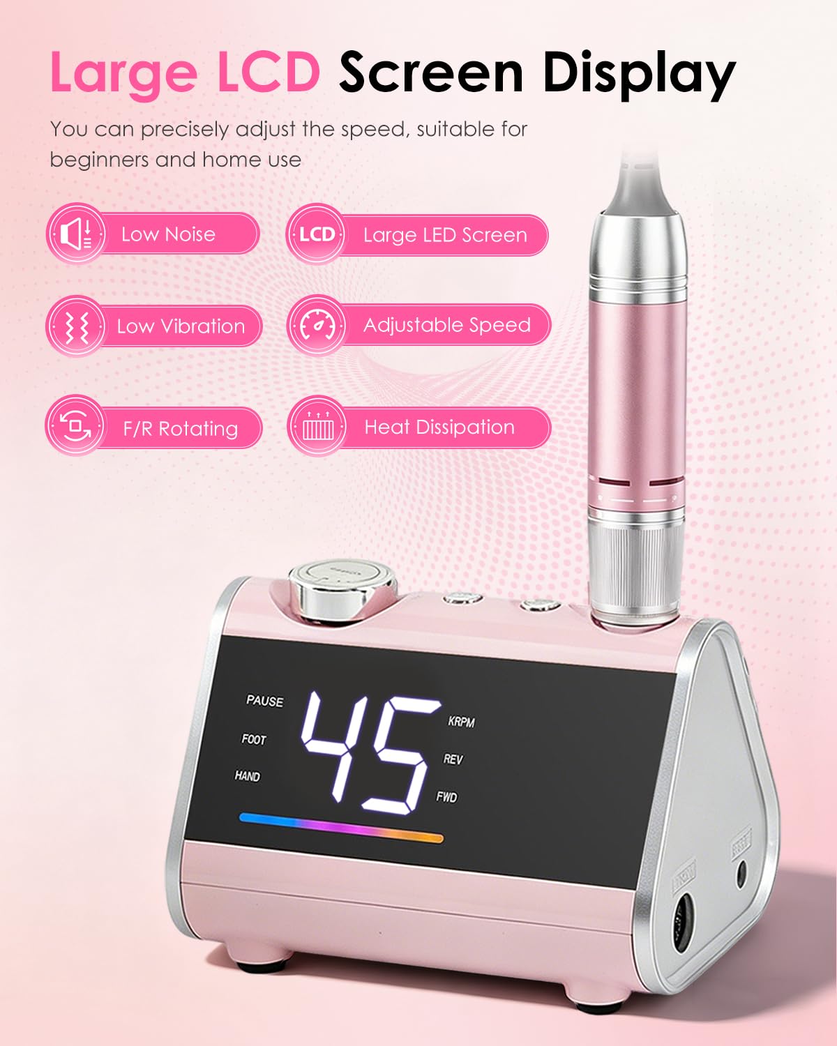 CozyZen Taladro de Uñas Eléctrico Profesional | 45000 RPM, Lijadora con Pantalla LCD, Control Manual y de Pie, Bajo Ruido para Uñas Acrílico/Gel, Manicura y Pedicura
