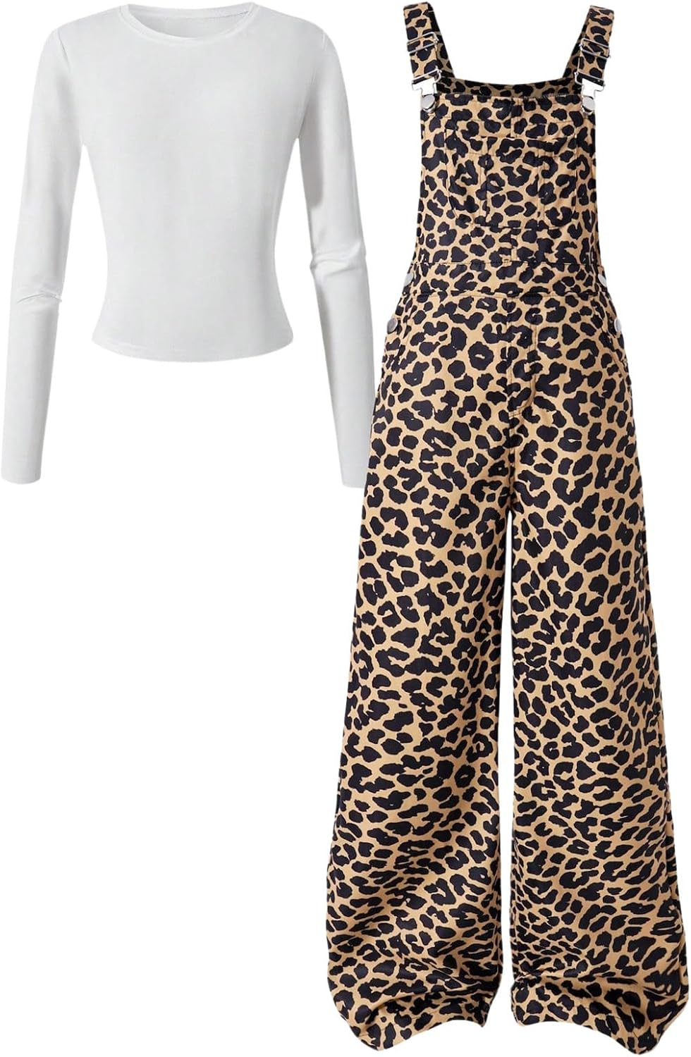 SweatyRocks Girl's 2 Piece Outfits Long Sleeve Top and Leopard Adjustable Bib Jumpsuit Sets