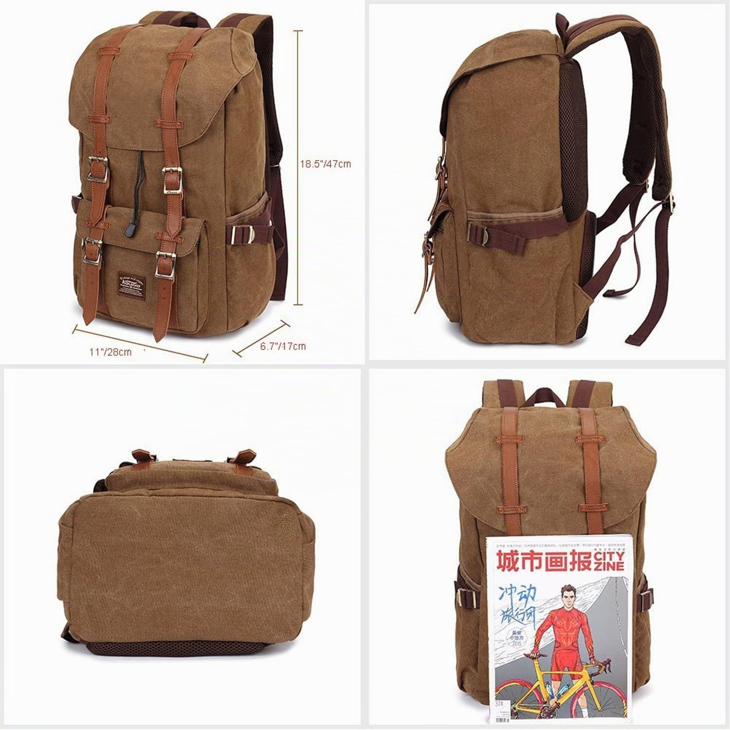 KAUKKO Unisex Canvas Rucksack im Vintage-Look mit Leder-Riemen als Schulrucksack, zum Wandern, Einkaufen, Reisen, Camping und für die Verwendung im Alltag,brown,L