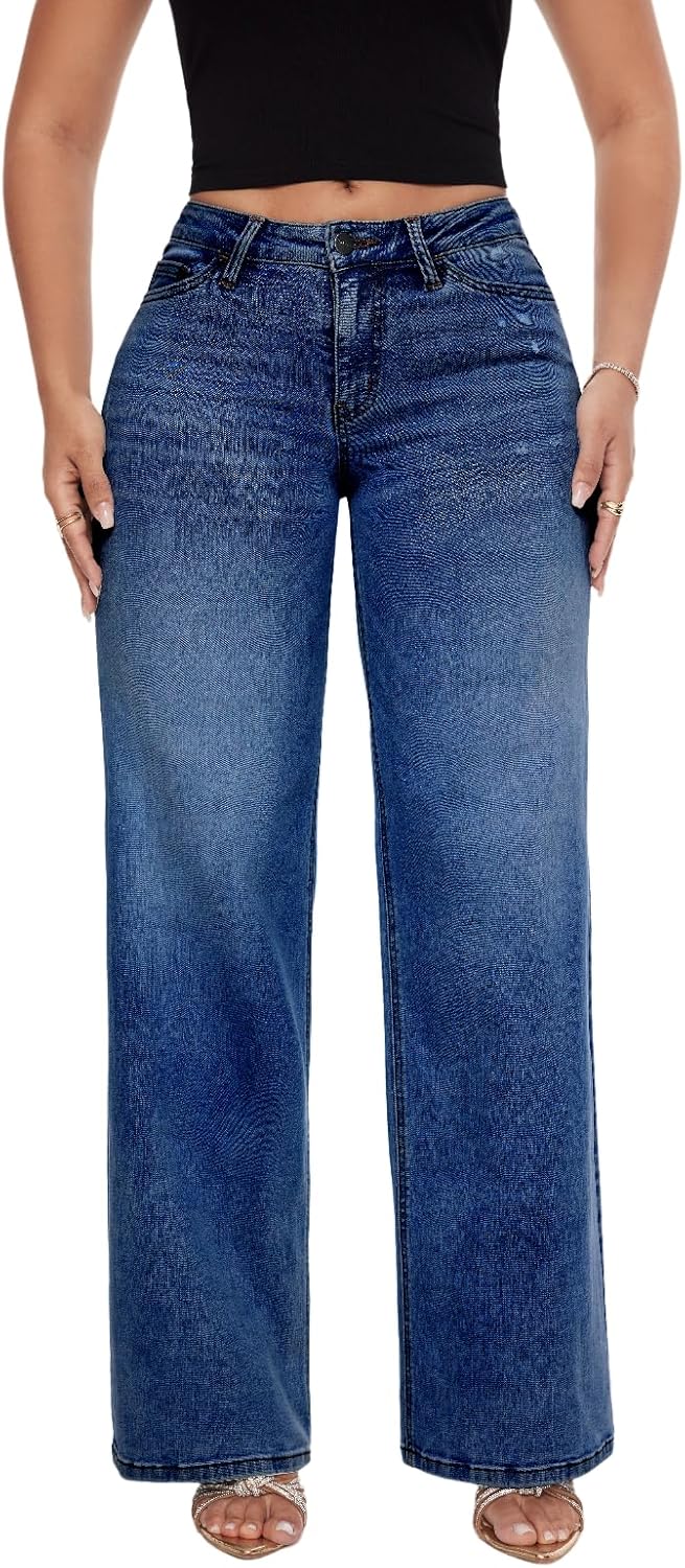 ONESO Mid-Low Rise Baggy Jeans Wide Leg for Women Distressed Pants Stretchy Bottom Lady Basic Comfortable Denim