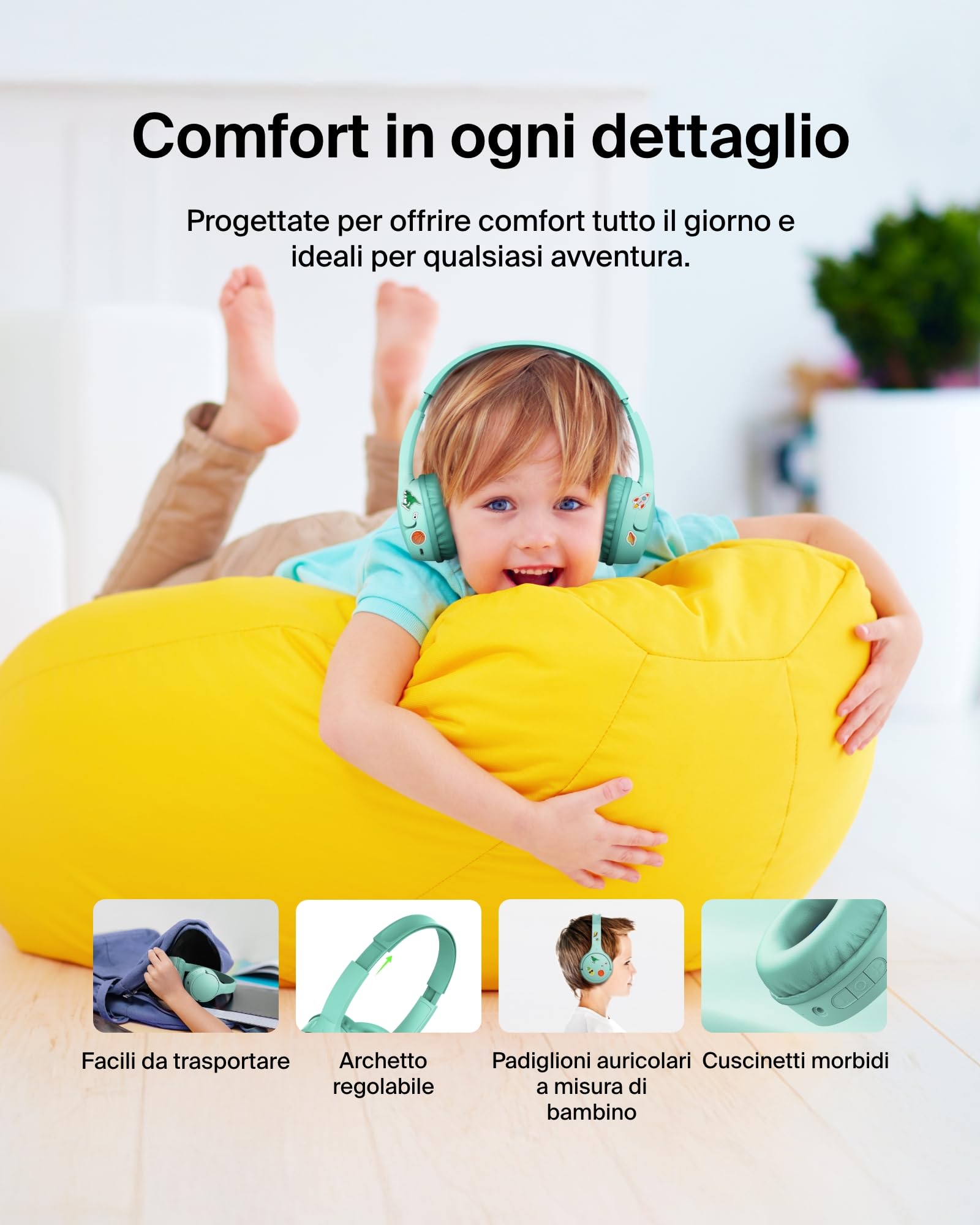 Belkin SoundForm - Mini cuffie wireless per bambini, con microfono integrato, 30 ore di riproduzione e divertenti adesivi, cuffie over-ear per apprendimento online, scuola, viaggi, iPhone, iPad,