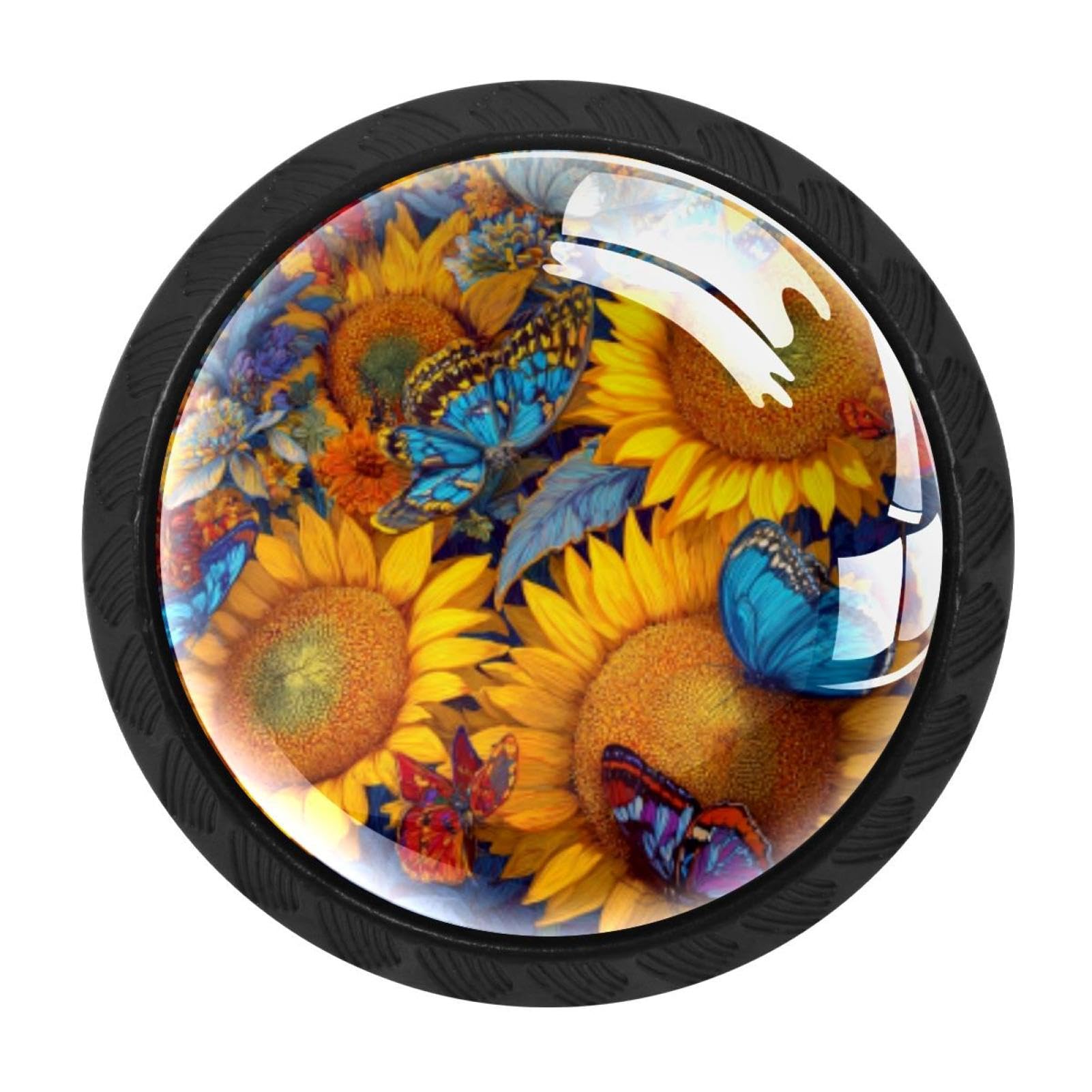 CHENZZZZ Butterflies Sunflowers (2) Drawer Knobs Pull Handle Crystal Glass Circle Shape Cabinet Drawer Pulls Cupboard Knobs with Screws for Kitchen Cupboard Dresser Wardrobe etc