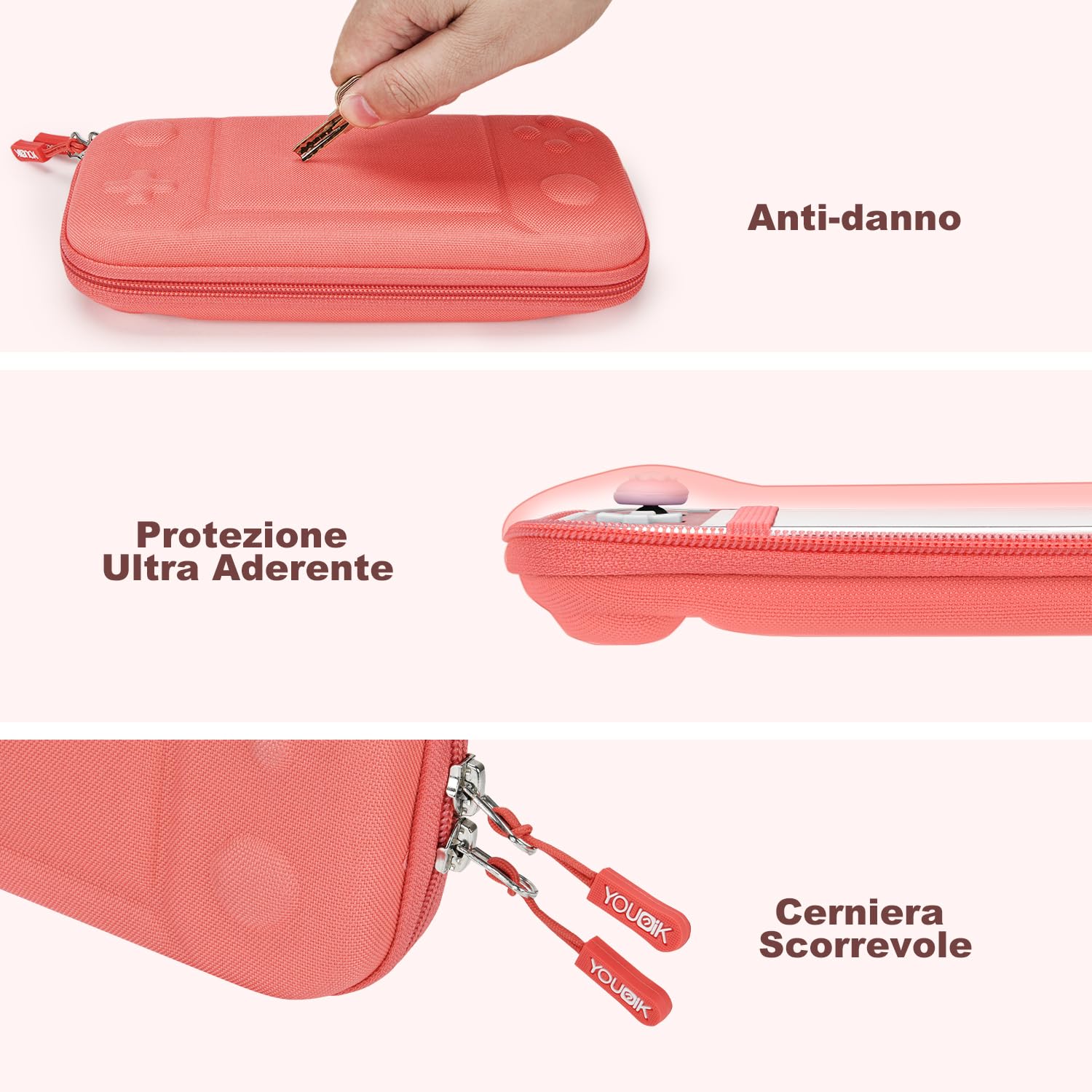 Younik Custodia Switch Lite, Bundle di Accessori Switch Lite 14 in 1, Custodia Protettiva Trasparente, Custodia per Carte di Gioco, 2 Proteggi Schermo, 6 Grip per il Pollice, Ciondolo, Corallo