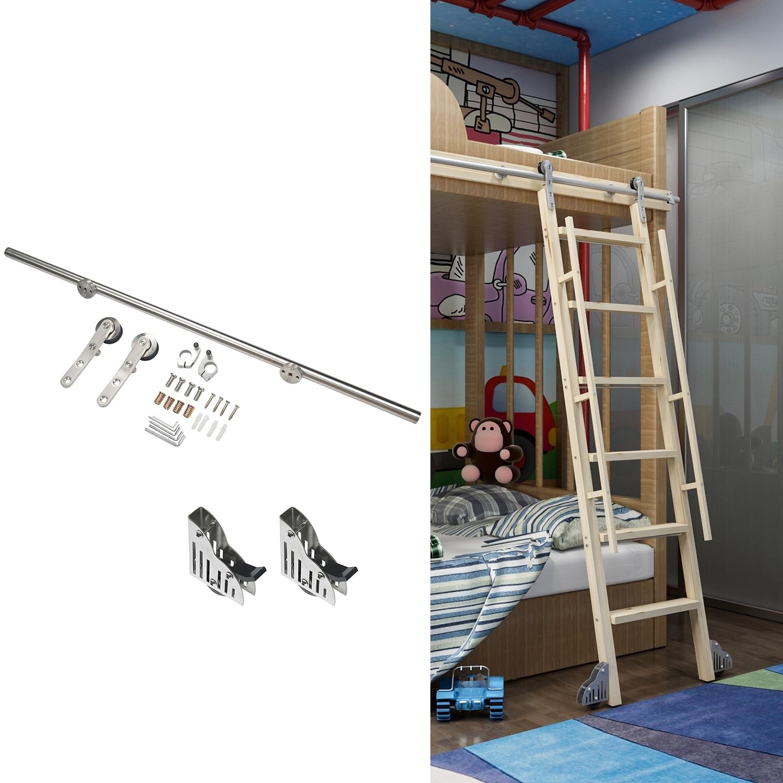 DFGHNBVC Round Tube Sliding Library Hardware Rolling Full Set Track Kit, Floor Roller With Brake, Modern Stainless Steel Mobile Ladder Track For Home/Indoor/Loft/Library,One Color-8Ft/244Cm Track Kit