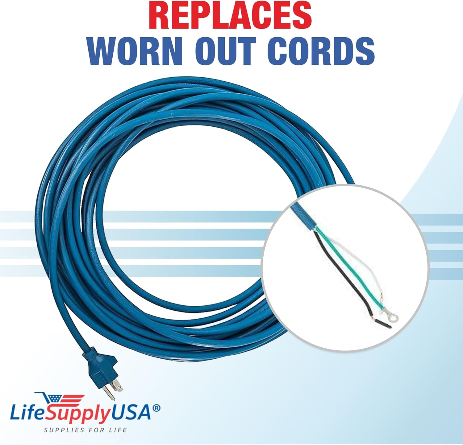 Heavy Duty 40ft Vacuum Power Cord 18/3 Compatible with Windsor Sensor Versamatic Flexamatic Upright Models,3 Prong Replacement Extension Cord for Professional Home Improvement by LifeSupplyUSA (Blue)