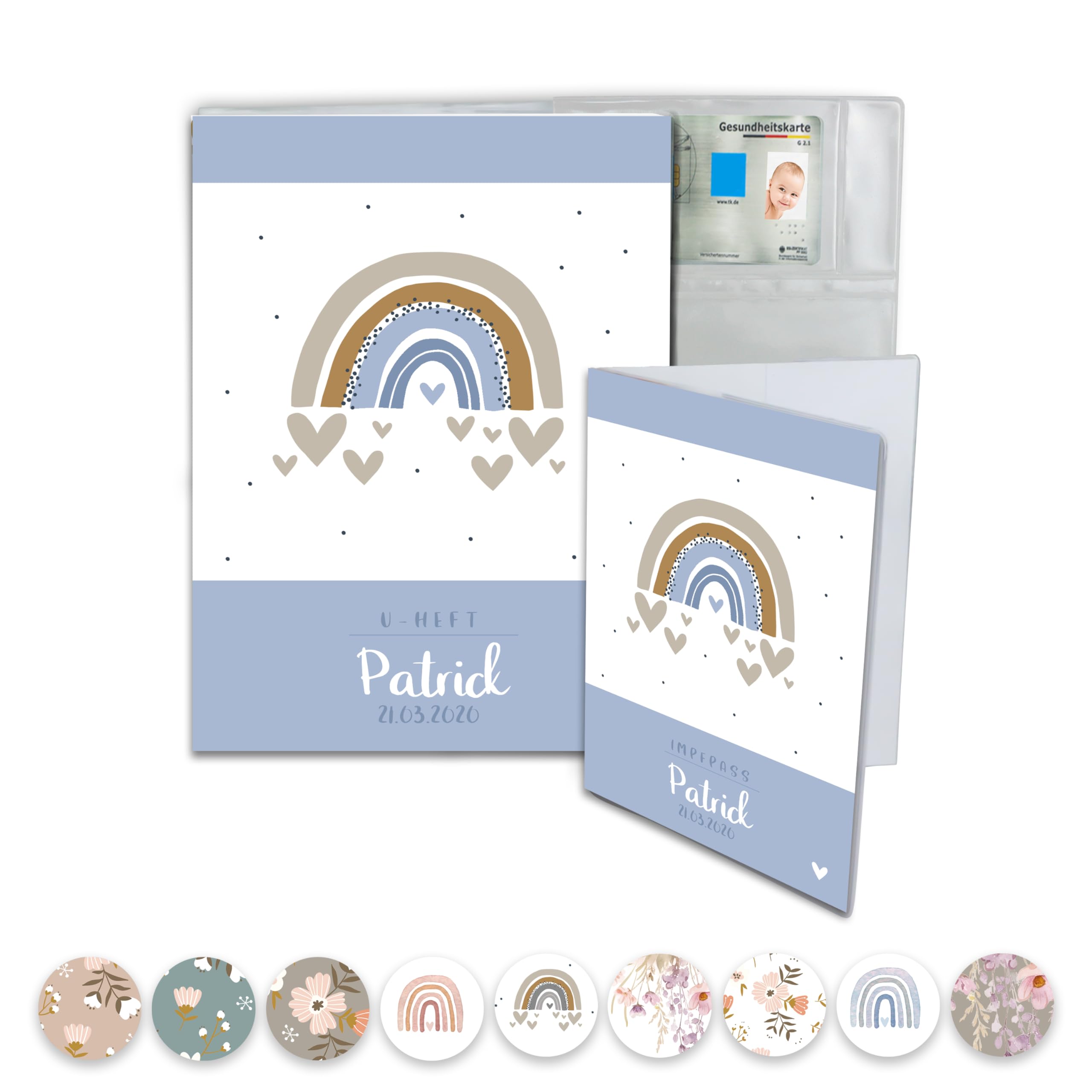 Minilino personalisierte U Heft Hülle 3-teiliges Premium Set für Impfpass & U-Heft [ SCHÜTZT WICHTIGE DOKUMENTE ] Organizer für Untersuchungsheft (Regenbogen blau retro)