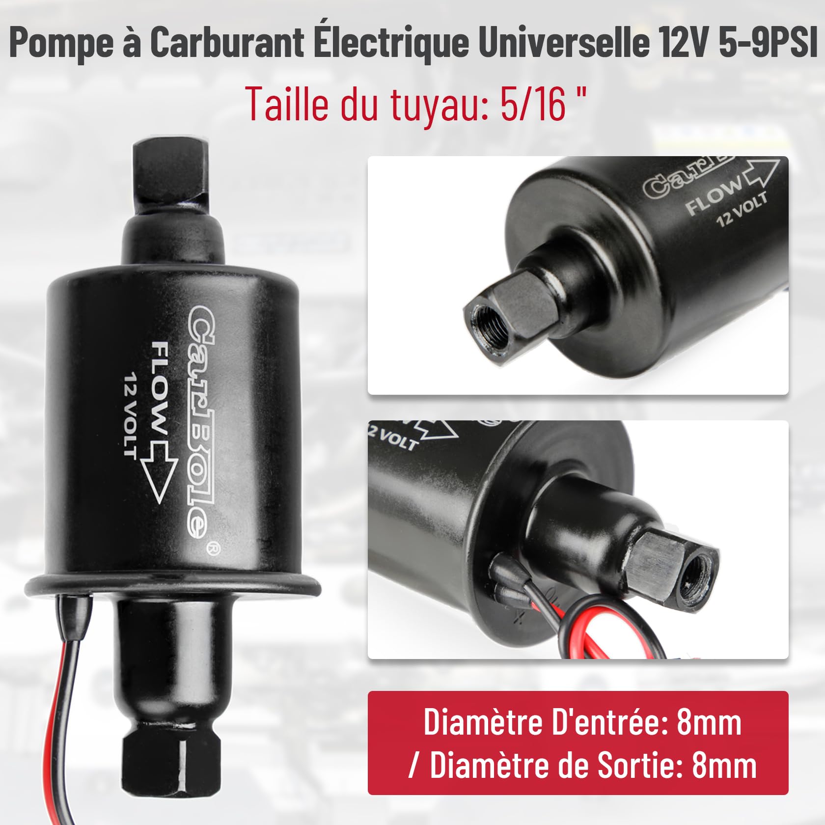 Carbole Pompe à Carburant Électrique Universelle 12V, 5-9 PSI | Pompe à Essence avec Filtre à Carburant, Pour Essence et Diesel, Cuivre Pur, Carte de Circuit Haut de Gamme, Noir