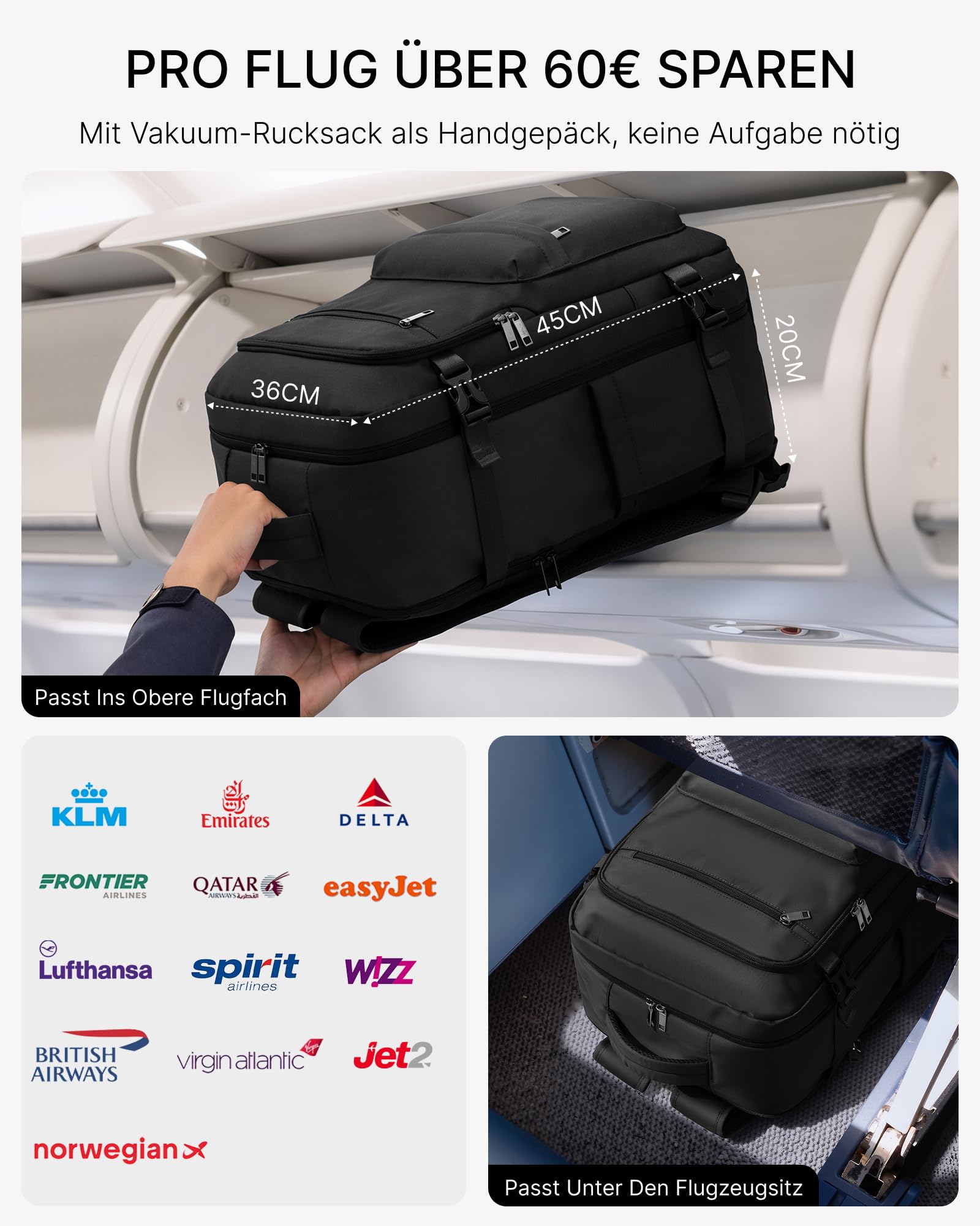 COOLIFE Vakuum Rucksack Handgepäck 45x36x20 EasyJet Eurowings Vakuumpumpe | Abnehmb.Vakuumbeutel, 50% mehrPlatz, Laptopfach 17 Zoll – Business Trip, Wochenendtrip & Meeting für Damen Herren