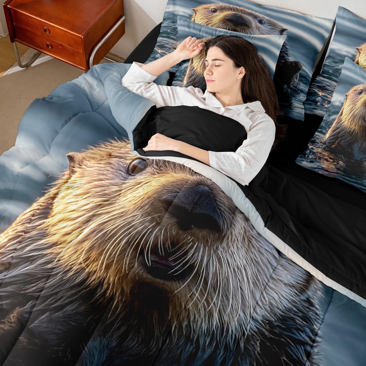 Erosebridal Cute Sea Otter 7 Piece Bedding Set Full Size,3D Sea Otters Comforter Set for Otter Lovers,Ocean Life Bed Sheets,Kawaii Sea Otter Quilt Set Bedroom Decor Soft Warm