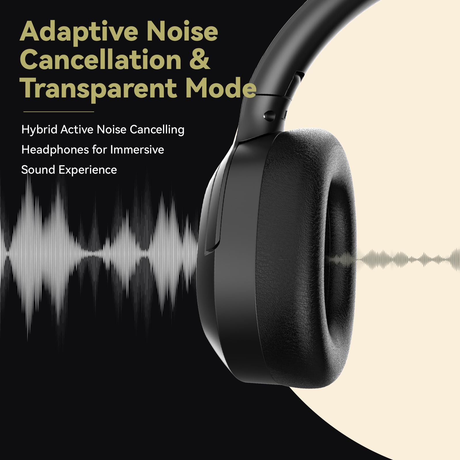 Cuffie ibride con cancellazione attiva del rumore, cuffie Bluetooth over-ear wireless con microfono, 40 ore di riproduzione, audio ad alta risoluzione, bassi profondi, pieghevoli, comode da