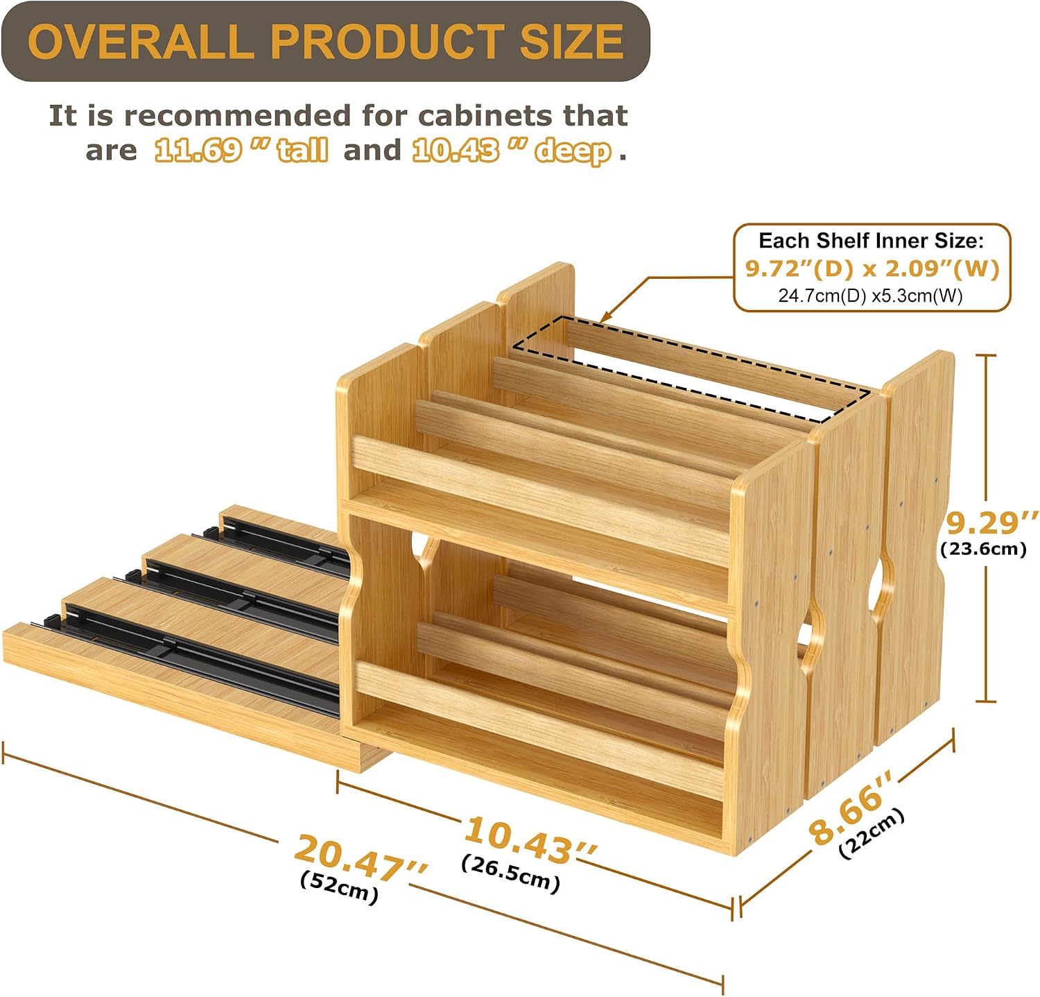 Bamboo Pull-Out Spice Rack for Cabinet, 3 Drawer 2-Tier Organizer, 8.66" Wide, Fits 10.8" D x 11.69" H Cabinet, Heavy Duty Slide-Out Kitchen Pantry Storage (Natural, 3-Tier) image 3