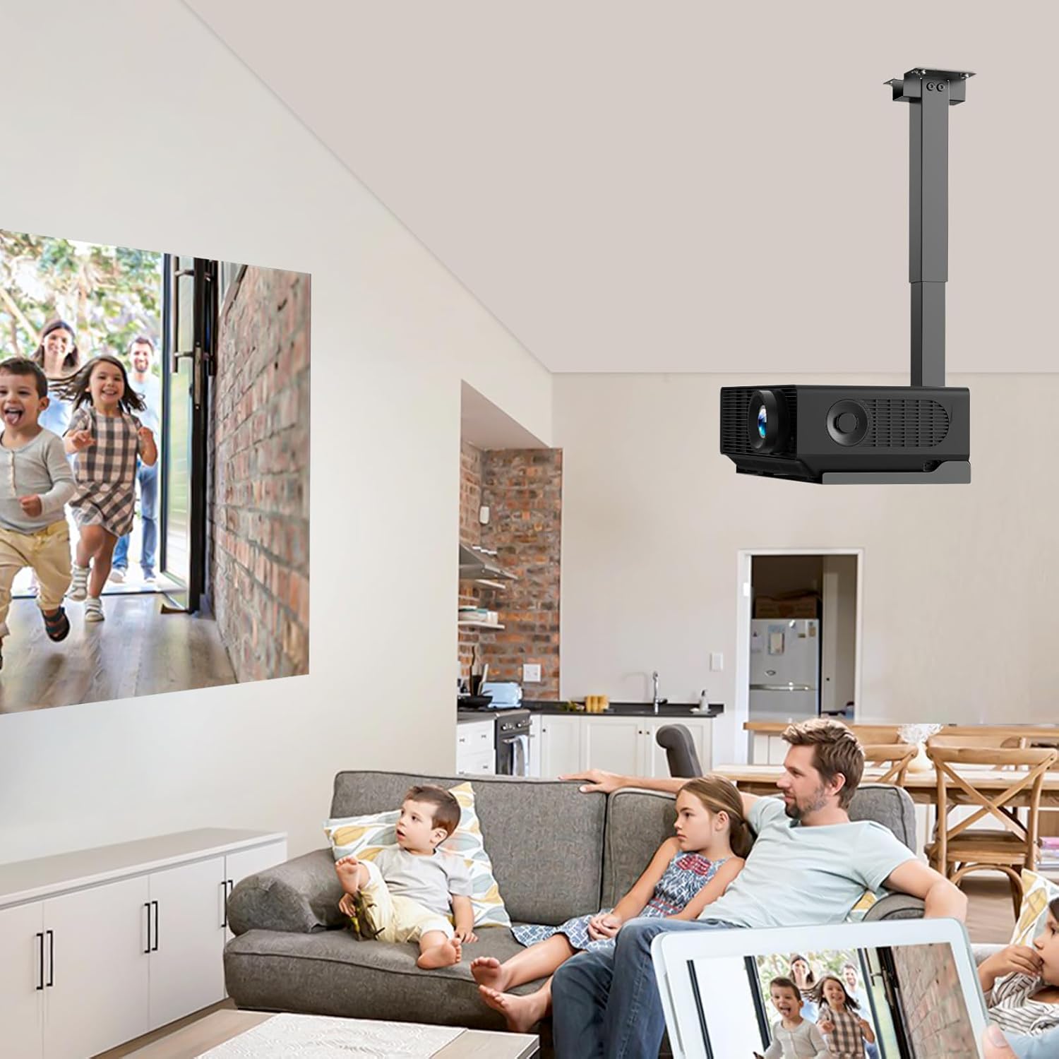 Projector Ceiling Mount with Tray, Adjustable Height Universal Bracket with Concealed Cable Management, No Hole Installation, Holds up to 22 lbs – Ideal for Home Theater & Office (Black)