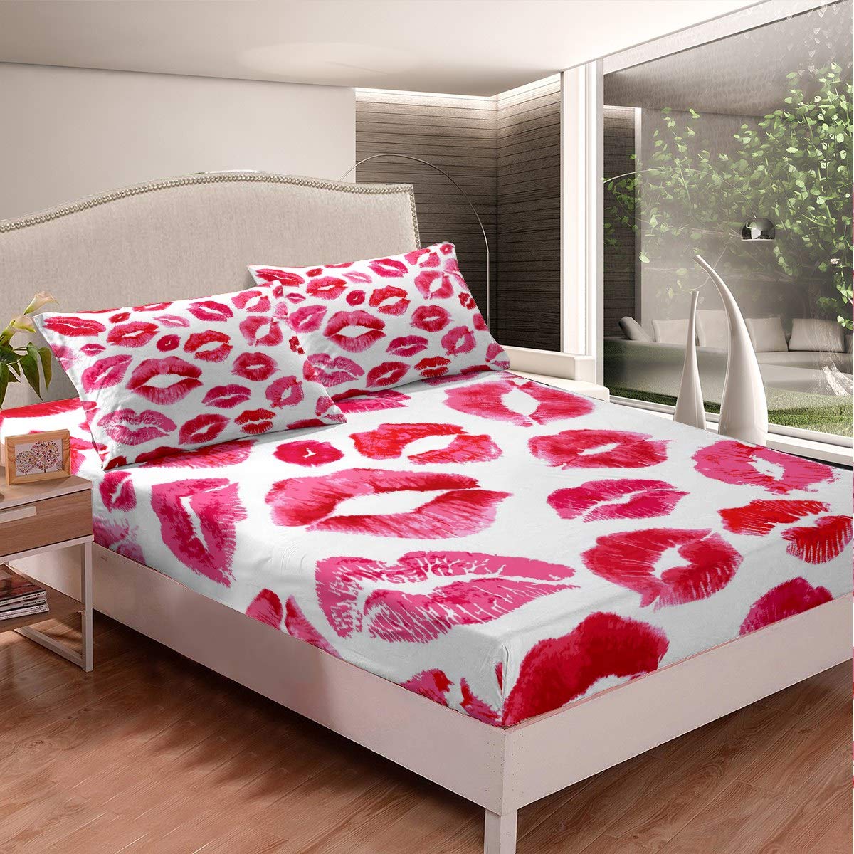 Loussiesd Girls Kiss Bedding Set Girly Feminine Red Lips Fitted Sheet for Kids Women Lipstick Print Bed Sheet Set Sexy Mouth Pattern Bed Cover Room Decor 2Pcs With 1 Pillow Case Single Size