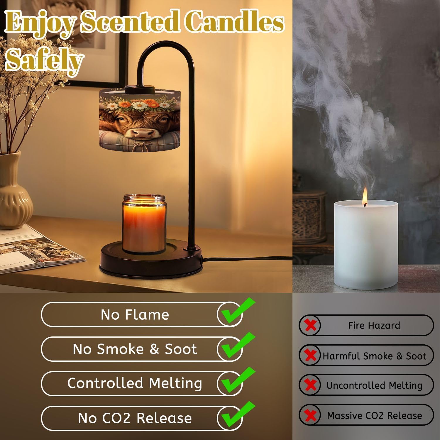 Candle Warmer Lamp with Timer and Dimmer, Cute Highland Cow Baby Rustic Farmhouse Daisy Amiable Calf Aesthetics Wax Melt Warmer with 4 Bulbs, House Warming Birthday Gifts for Women Mom New Home Decor