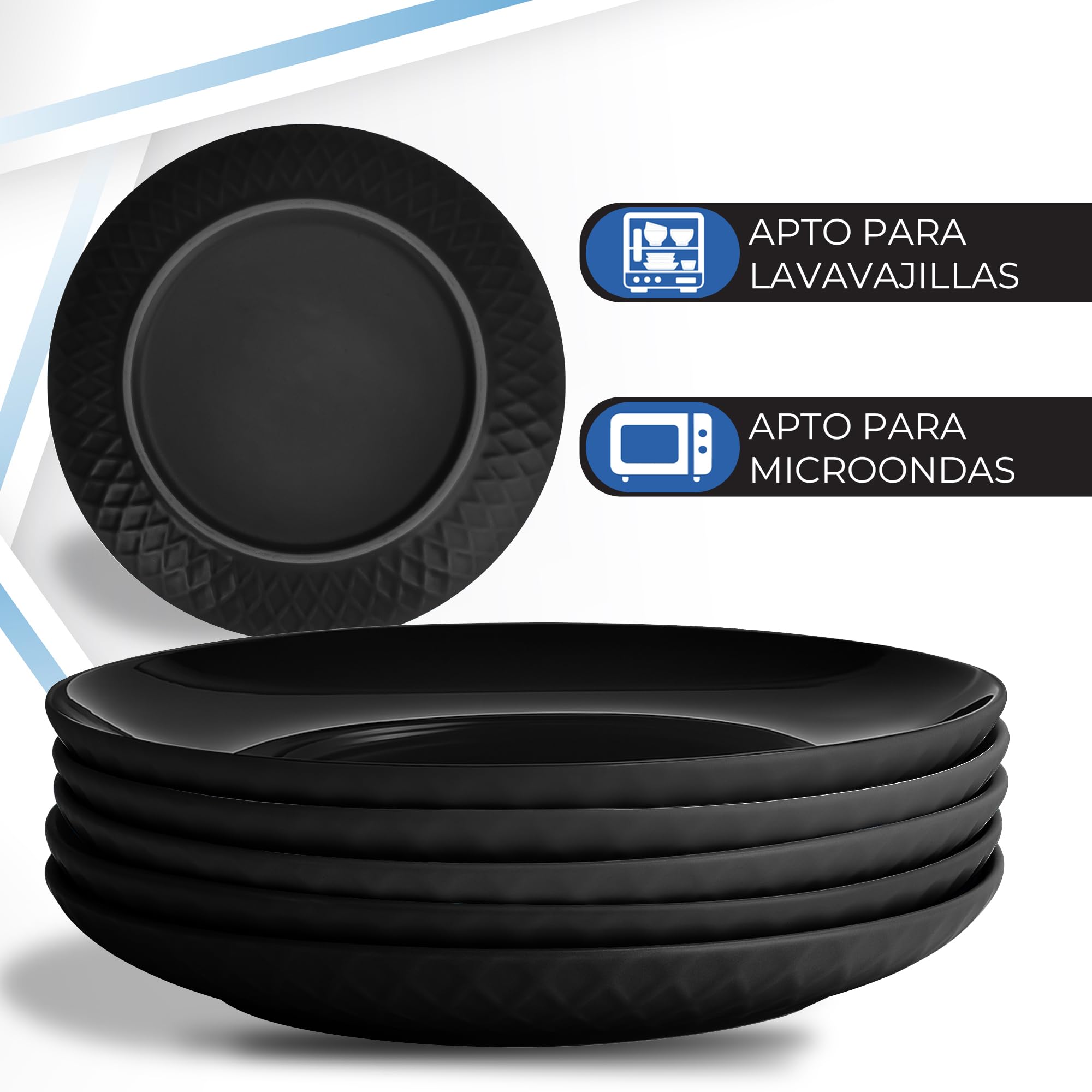 MIAMIO - set de 6 platos cerámicos 21 cm Palmanova (Negro) para cocina | Platos de cerámica para comidas y postres, 21 cm, Palmanova (Negro). Diseño moderno y práctico para cada día en casa.