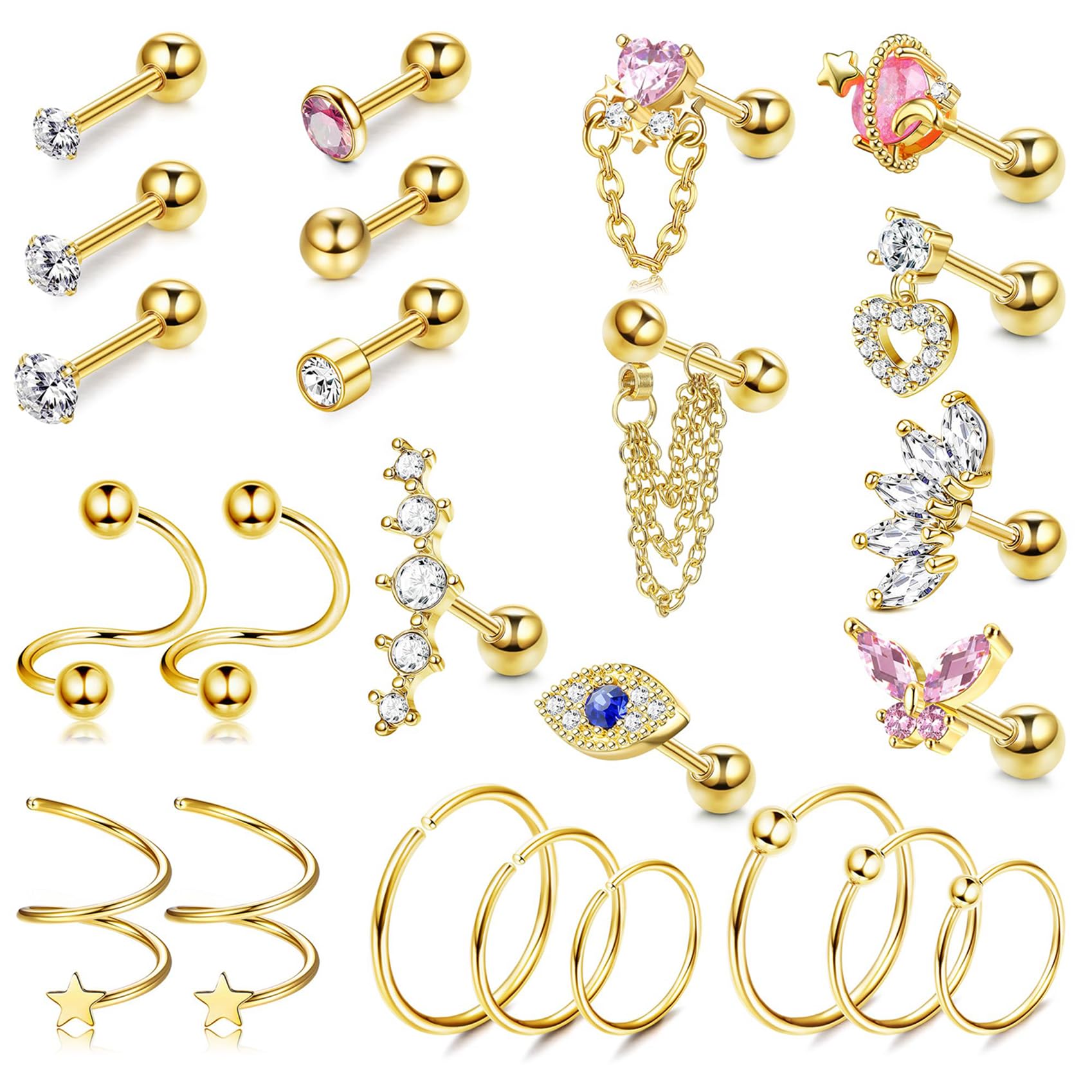 KALVICA 24Piezas Piercing Oreja Pendientes Mujer Hipoalergenicos Acero Quirurgico Piercing Helix Tragus Conch CZ Piercing Cartilago Oreja Nariz 16G Oro Plata Oro Rosa