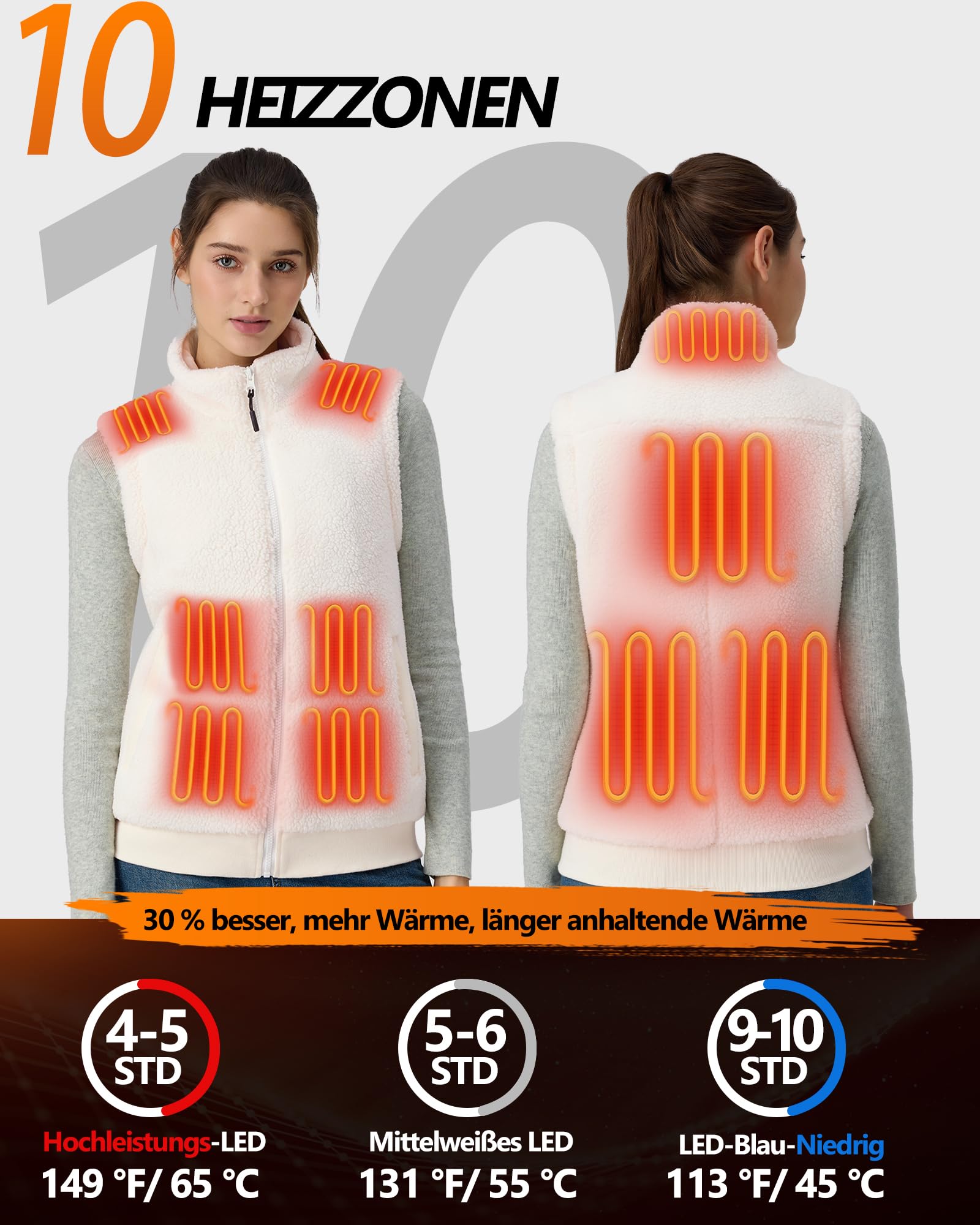 Topdot Fleece Heizweste Damen mit Powerbank 7.4V 16000mAh, 10 Heizzonen | Leicht Beheizbare Weste mit 3 Temperaturstufen, Geschenk für Radfahren, Camping, Outdoor-Arbeit im Winter, beige XS