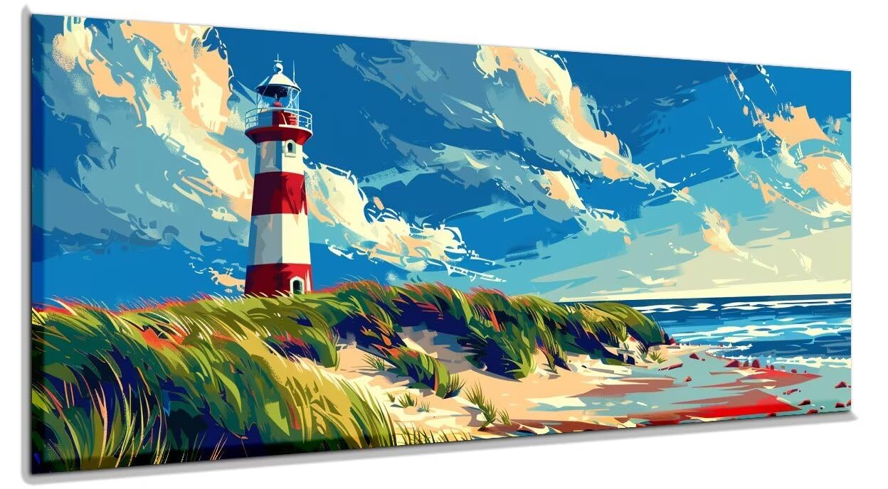 Malen Nach Zahlen Erwachsene Meer Malen Nach Zahlen Erwachsene Leinwand 50x120 cm, Malen Nach Zahlen Leuchtturm Paint By Numbers Ölgemälde Mit 3-Pinseln Und Acrylfarbe Malerei Kits, Ohne Rahmen yf695